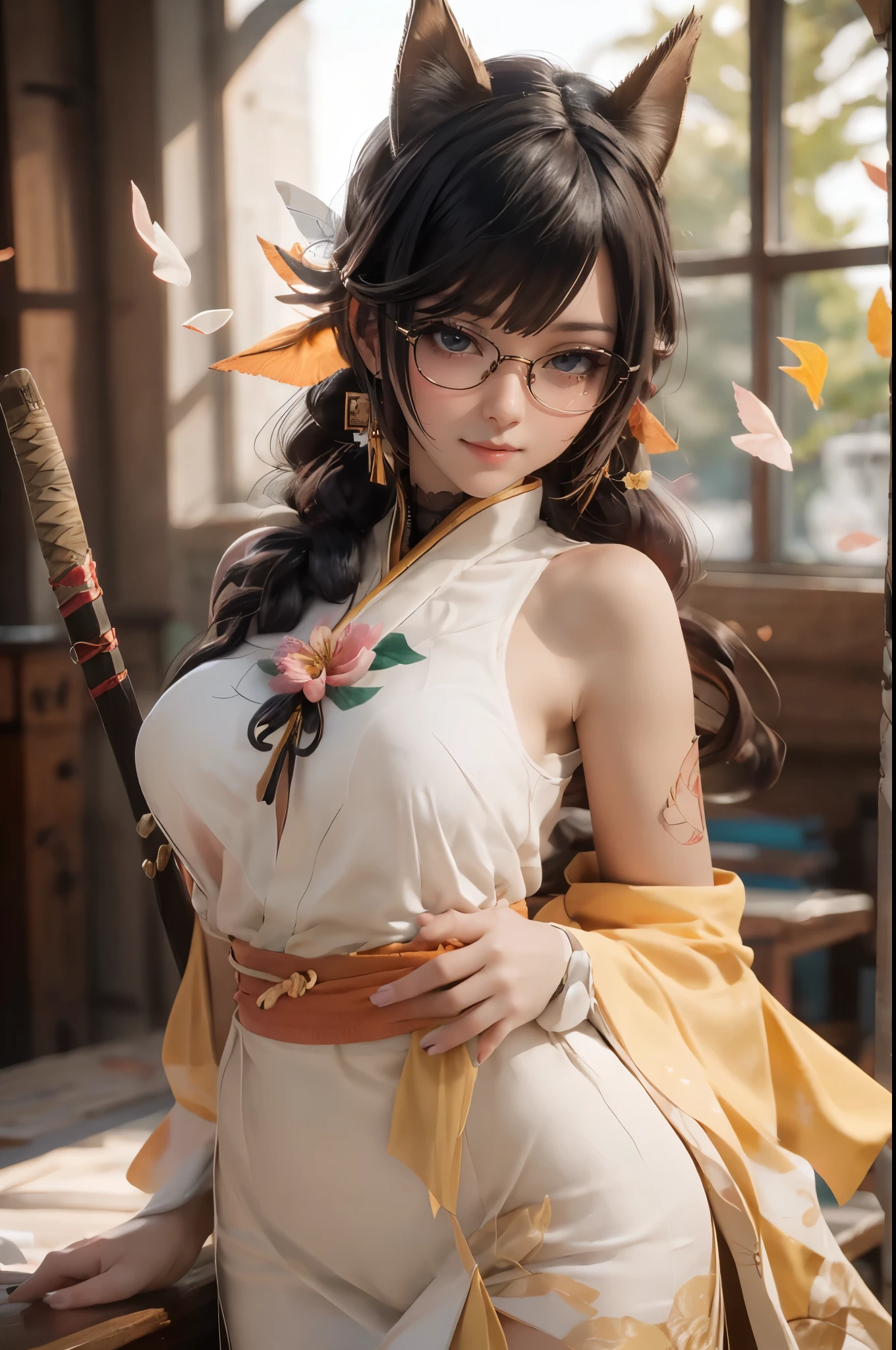 Wide shot, Beautiful girl, black hair in a ponytail, bangs, a hair accessory, wearing glasses, a bright smile, small breasts, a slim waist, (wearing a hanfu ((see-through)) with many layers of intricate details (light yellow)) , Dresses fluttering in the wind, seductive dances, the backdrop is an island with only peach trees in full bloom, many peach petals fluttering, morning light, anime, high quality