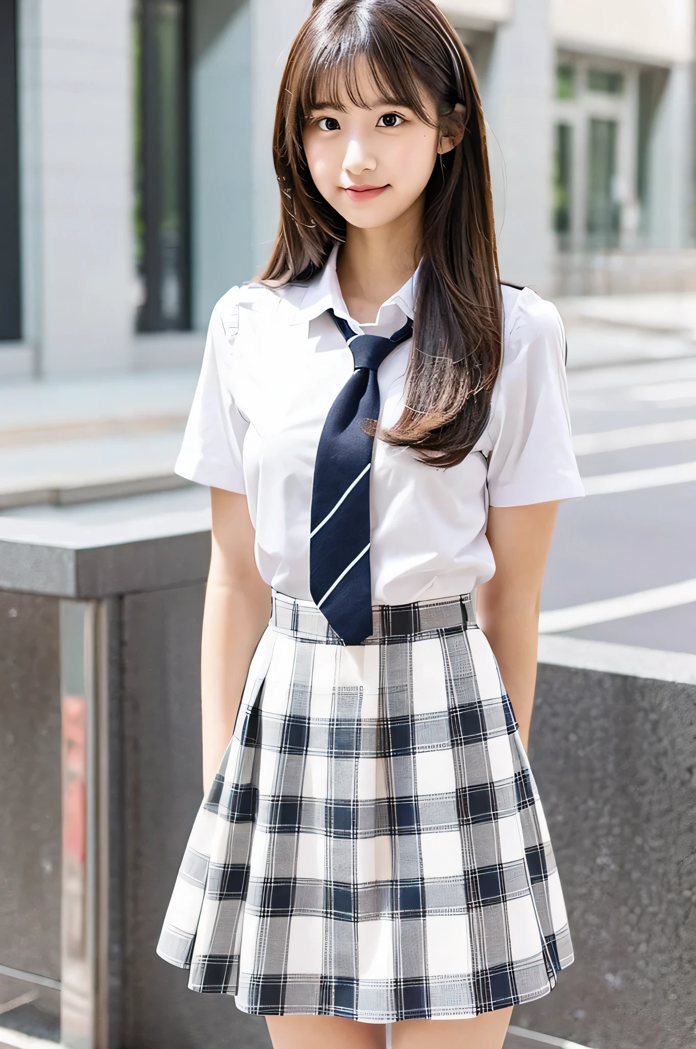 super mini skirt(gray and white plaid)A 20-year-old high school girl wearing a pink tie and white shirt..