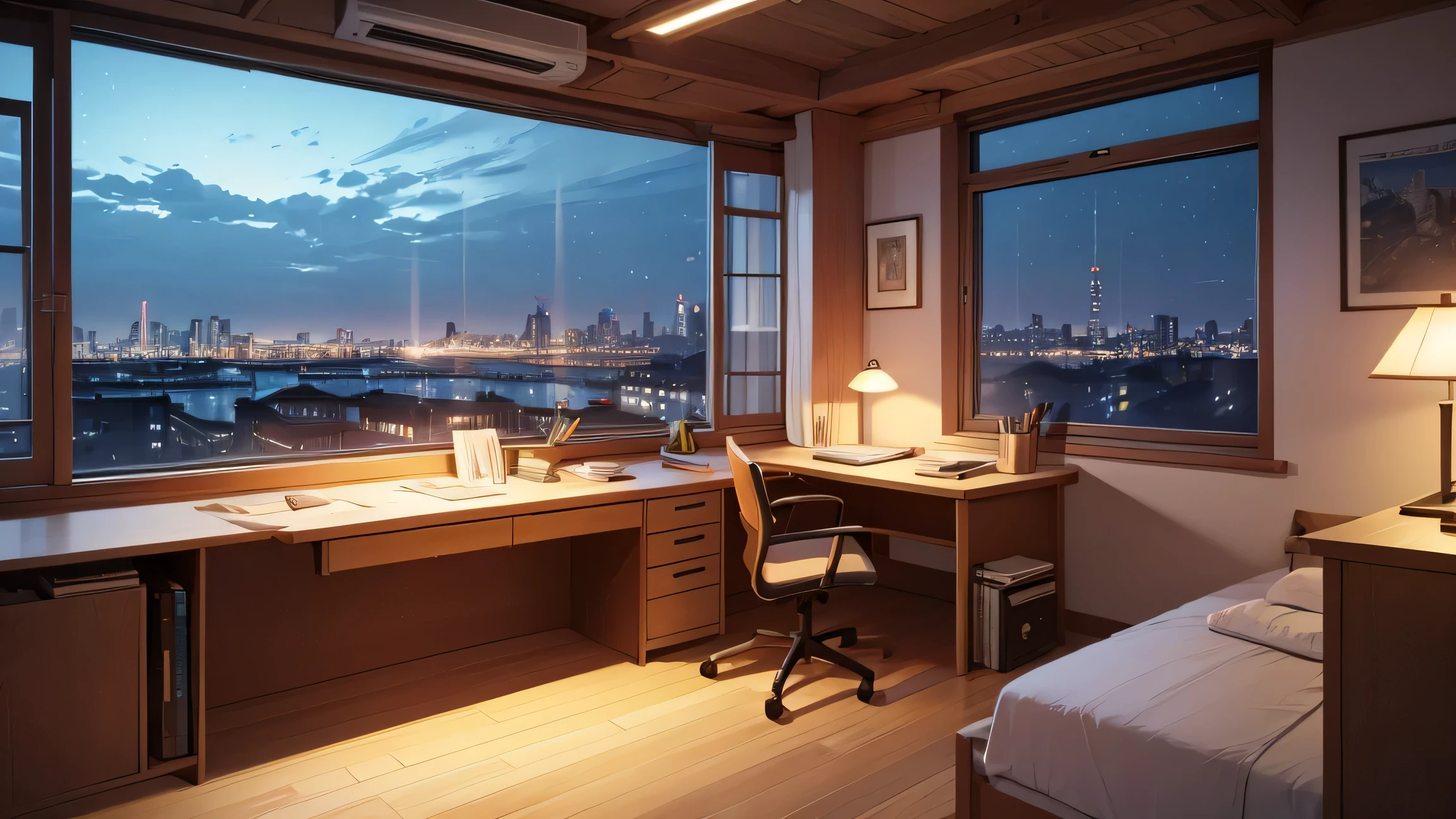 A calm study desk in a one-room room with a night view window