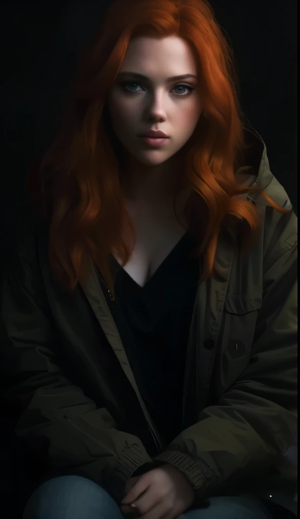 Scarlett Johansson with red hair sitting on a black background, soft portrait shot 8 k, redhead woman, color portrait, woman with red hair, highly detailed vfx portrait, cinematic portrait, a redheaded young woman, beautiful portrait lighting, red haired young woman, portrait of a red haired girl, color photograph portrait 4k, high quality portrait, moody cinematic lighting