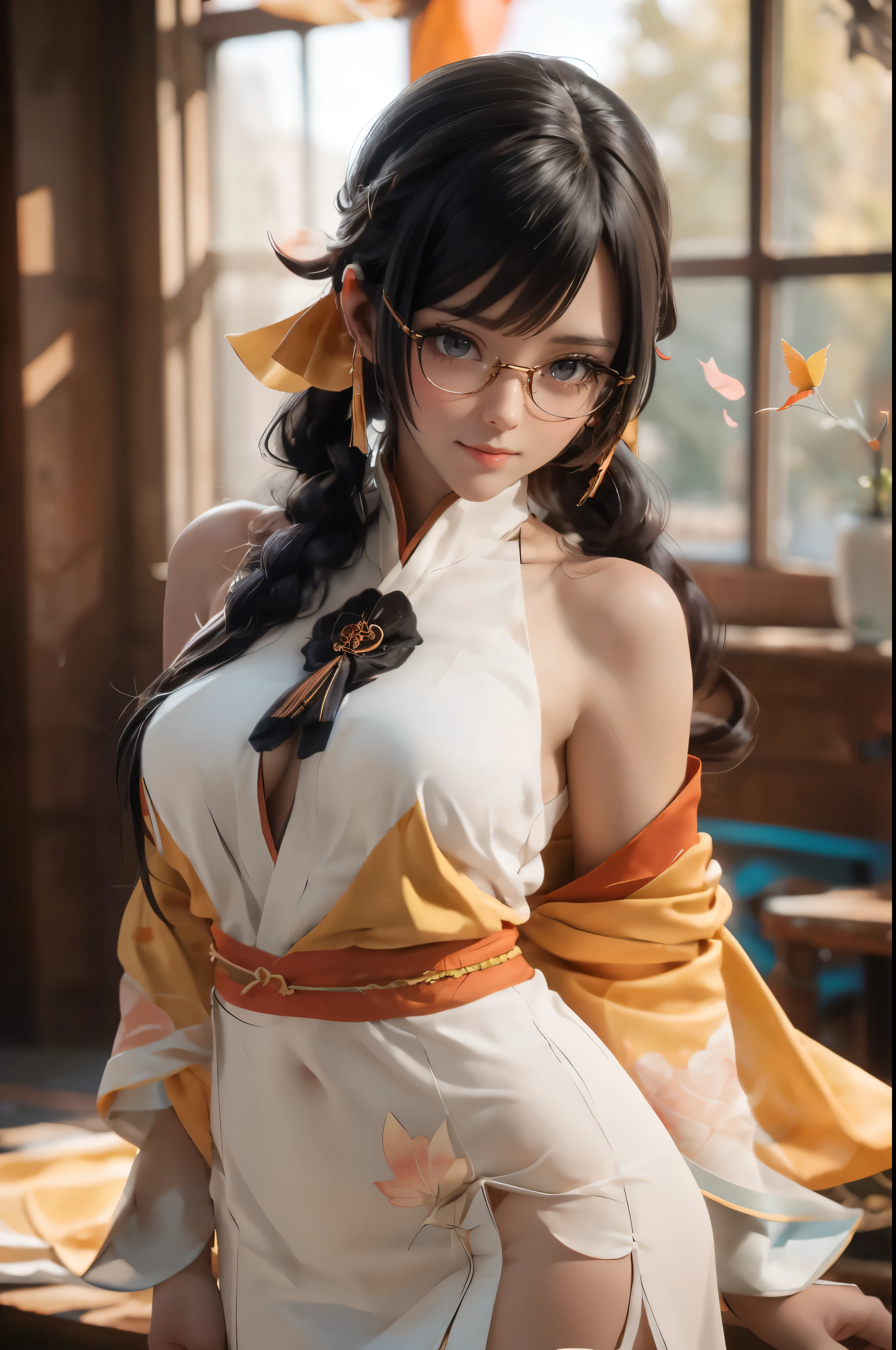 Wide-angle shooting, beautiful girl, black hair in a ponytail, smooth, hair accessories, wear glasses, bright smile, small breasts, Thin waist, (Wear Hanfu ((see through)) with many layers of intricate details (Light yellow)) , Clothes flutter in the wind., seductive dance, The background is an island with only peach trees in bloom., Many peach blossom petals flutter., morning light, anime, High quality