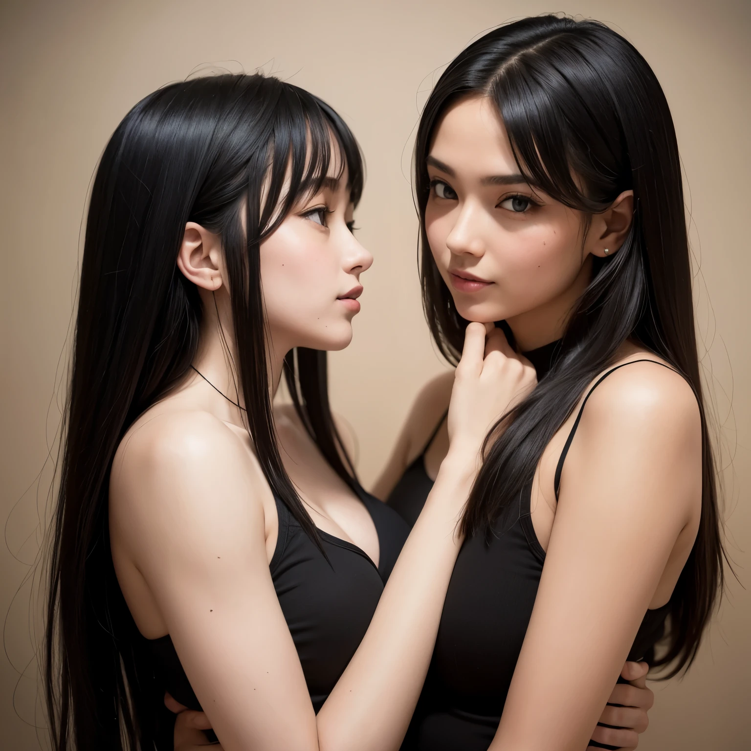 (Two clone twin hair models photographed from the chest up in the same space) ((Two cloned twins kissing facing each other on a white bed:1.4)) (They are the same clone) ((They try to show off their hair as much as possible.,)) ((Beautiful 18-year-old model with long black hair, girl with super length Hair, extremely length Hair, extra length Hair, very long, Flowing Hair, very length Hair, length Hair girl, very long, Flowing black hair, length Hair windy, Very long black hair, length, Flowing Hair,Incredibly long-lasting hair, length Hair!!!! Her highest quality hair is long and straight., very long, highest quality black hair, length hair in the center, Highest quality long straight hair, length, straight, beautiful, High quality hair, length and free black highest quality straight hair, length Hair, length and straight, highest quality black hair, Perfect silky straight hair of the highest quality, straight, highest quality black hair, length black straight hair, length, Thin black hair Her hair is long and straight, very long black hair, length hair in the center, length straight hair, length, straight, beautiful hair of the highest quality, length Hair, length, straight black hair, length and free straight black hair, straight black hair)) (Her bangs are perfect.:1.3) (Pure white wall background:1.8) (Japan's most sexy and beautiful 18-year-old beauty model) (She looks at the viewer with a very seductive expression.....) ((highest quality)), ((masterpiece)), (Familiar) (Get used to it) Perfect Face (Her skin is a typical Japanese skin color......、And very detailed) (Big Breasts:1.3) (She has a beautiful face and a typical Japanese figure...., Narrow eyes) (She has perfect beautiful makeup and face Lipstick is light red A solid eyeliner) ((Rich 1.4)) (Extremely detailed 8K) (Ultra-fine skin texture 1.4) (Actual, Vibrant:1.4), double eyelid Sharp focus:1.2、Beautiful woman:1.4 Dynamic Lighting (Genuine RAW photos taken by professional photographers) Professional Hair Shine. (((Unusually long black hair that lasts forever 1.3))) (length, Shiny black hair, その女性はlengthBlack hairをしている, lengthBlack hair, Waist-length hair, very lengthBlack hair, thick shining black hair, black silky hair, length and shiny hair, lengthBlack hair, length, Flat Hair Ridiculously long hair, Black shiny hair, Very shiny, Abnormally long hair, 厚く輝く異常にlengthBlack hair,Jet black silky hair Her hair is とてもlength and straight length, Voluminous black hair that reaches down to her ankles unusually long black hair, unusually long black hair, Very long black hair) (Her face is slim and dignified.., length, Narrow eyes..々Nice face) (They are are'They are'They're both wearing the same white lingerie:1.5)