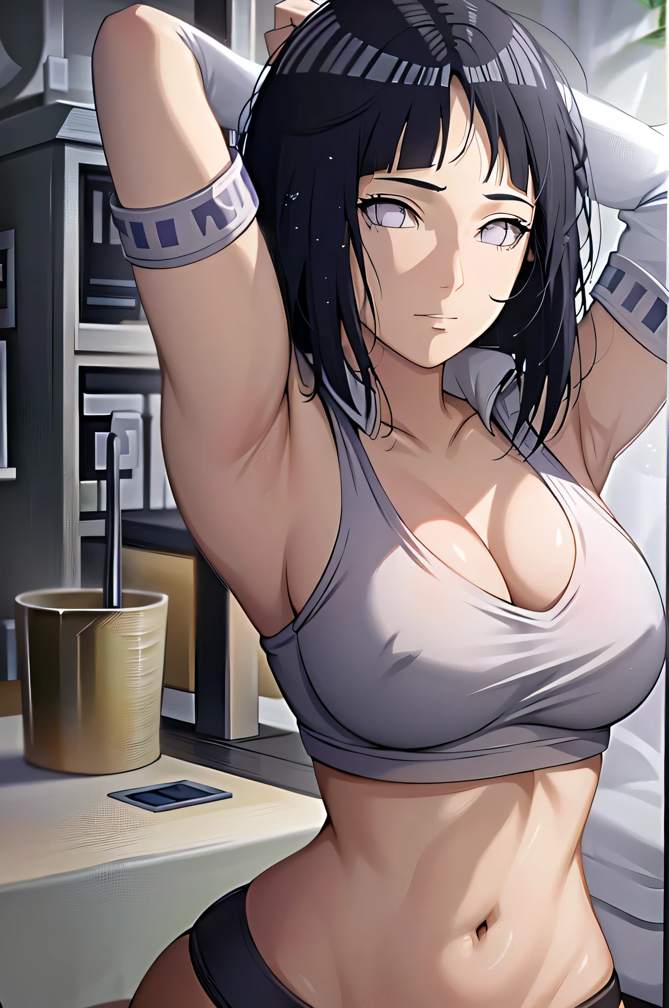 masterpiece, absurdres , (intricate details), (colorful),cinematic lighting,bust shot,extremely detailed CG unity 8k wallpaper ,hinata\(boruto\), 1girl, solo,mature female, arm up, looking at viewer, sports bra, locker room,cowboy shot,