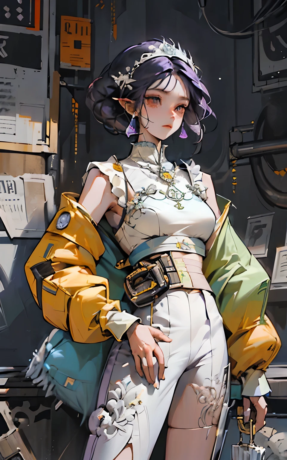 roxo: 1.5, laranja: 1.1, Branco: 1.3, amarelo: 1.3, (garota rapper com cabelo pavor), tatuagens, (roupas puffer do poder: 1.2), flor, folhas, mistborn, linhas, background circles, garments