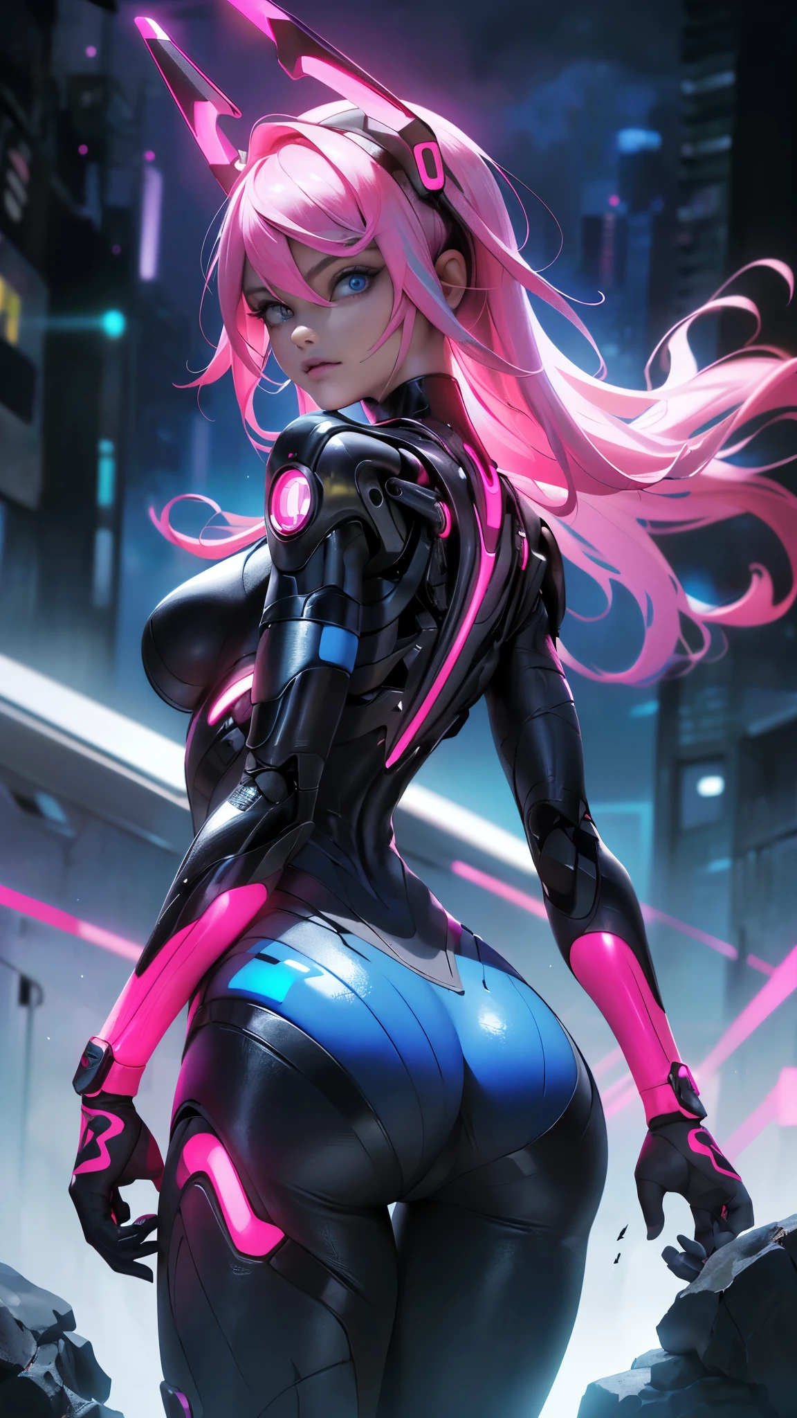 the highest quality))、((Obra maestra)、ciberpunk、big glutes、arrodillarse、Electronic visor attached to the face of a 12-year-old girl with emphasis on the buttocks、Red latex body,Moda cyberpunk、pose sexy、(Usar polainas amarillas en la parte inferior del cuerpo、Agrandamiento de los senos、Neon lights in the dark city at night,Motor irreal:1.4,HD,La Mejor calidad:1.4, fotorrealista:1.4, textura de la piel:1.4, Obra maestra:1.8,Obra maestra, Mejor calidad,(Hermosos ojos azules ),( neon pink cyborg),(perfect anatomy),(convexo ,Dedos detallados),white cyborg latex bodysuit, (ciberpunk 2.1)