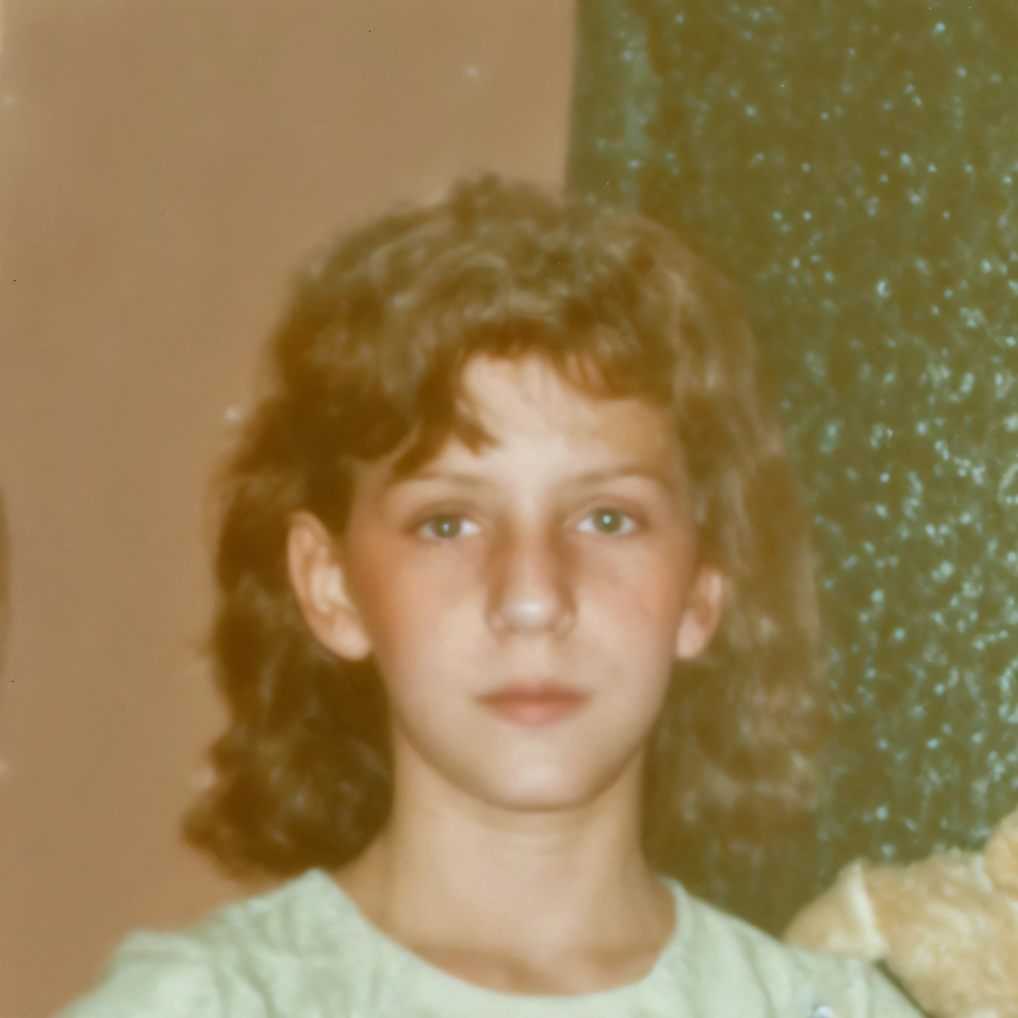there is a young girl standing in front of a teddy bear, around 1 9 years old, about 3 5 years old, very known photo, old picture, 1 9 7 5 photo, profile picture, unknown location, old yearbook photo, childhood friend, in her early 3 0, 1980 photo, 1980s photo