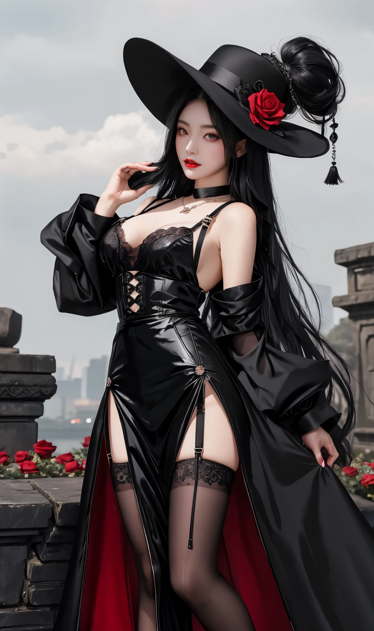 long black hair,close up,dream world,Elf royal sister,stand one step,long black hair凌乱的发丝,red lips,Nice red eyes,ruins background,Black Rose Garden,grace,Manicure,Huge wide-brimmed black hat,(Black lady hat),necklace,humanoid,Baroque, Her skin is very white, fair complexion,(Black lace long dress,Black lace suspenders),pointed toe high heels,