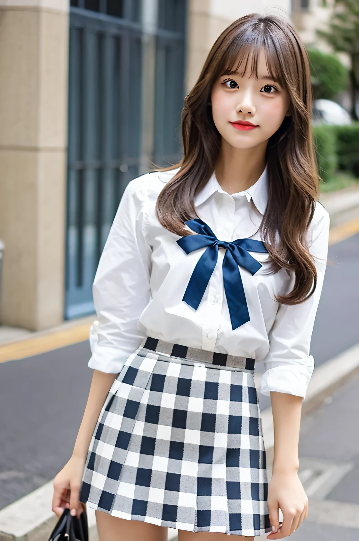 super mini skirt(gray and white plaid)20 year old high school girl wearing a blue ribbon and white shirt.