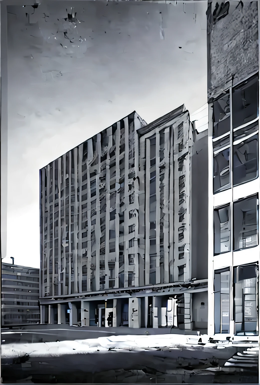 hospital building, zoom out, black and white, old