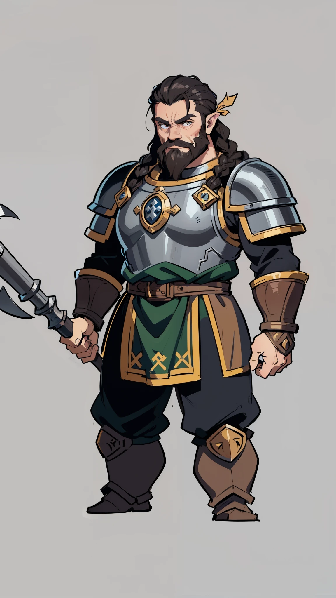 masterpiece, detailed, character, dungeons and dragons character, 1man, dwarf man, dwarf warrior, dwarf knight, (black hair) short hair, (one side tough hair braid), manly face, detailed face, detailed eyes, brown eyes, ((holding [war hammer|sledgehammer] in hands:1.1)), (wearing fantasy (warrior dwarf armor (dwarf celtic outfit))), ((simple background, grey color background))