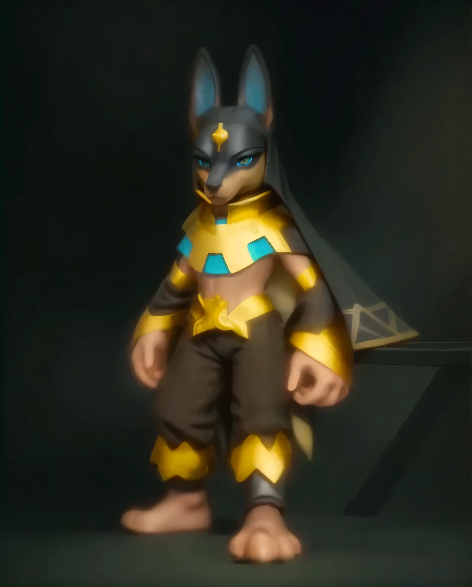 (high resolution), ((intricate details)), (Masterpiece), (((HD))), HDR, a close up of a 3D character in a costume, Anubis , portrait of Anubis , CHACAL BLUE EYES, ((dark satin cape)) , black and gold shiny armor, round blue gem at chest plate, varguyart style, faired skin, brown skin, shiny egyptian armor, metallic bronze skin, tane skin, anubis, ((COTON PANTS with golden details)), focused, defined