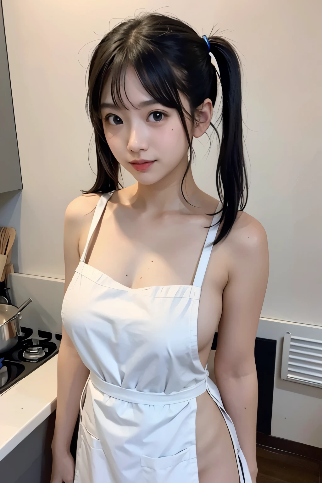 naked and wearing only a white apron twin tails Breasts are visible