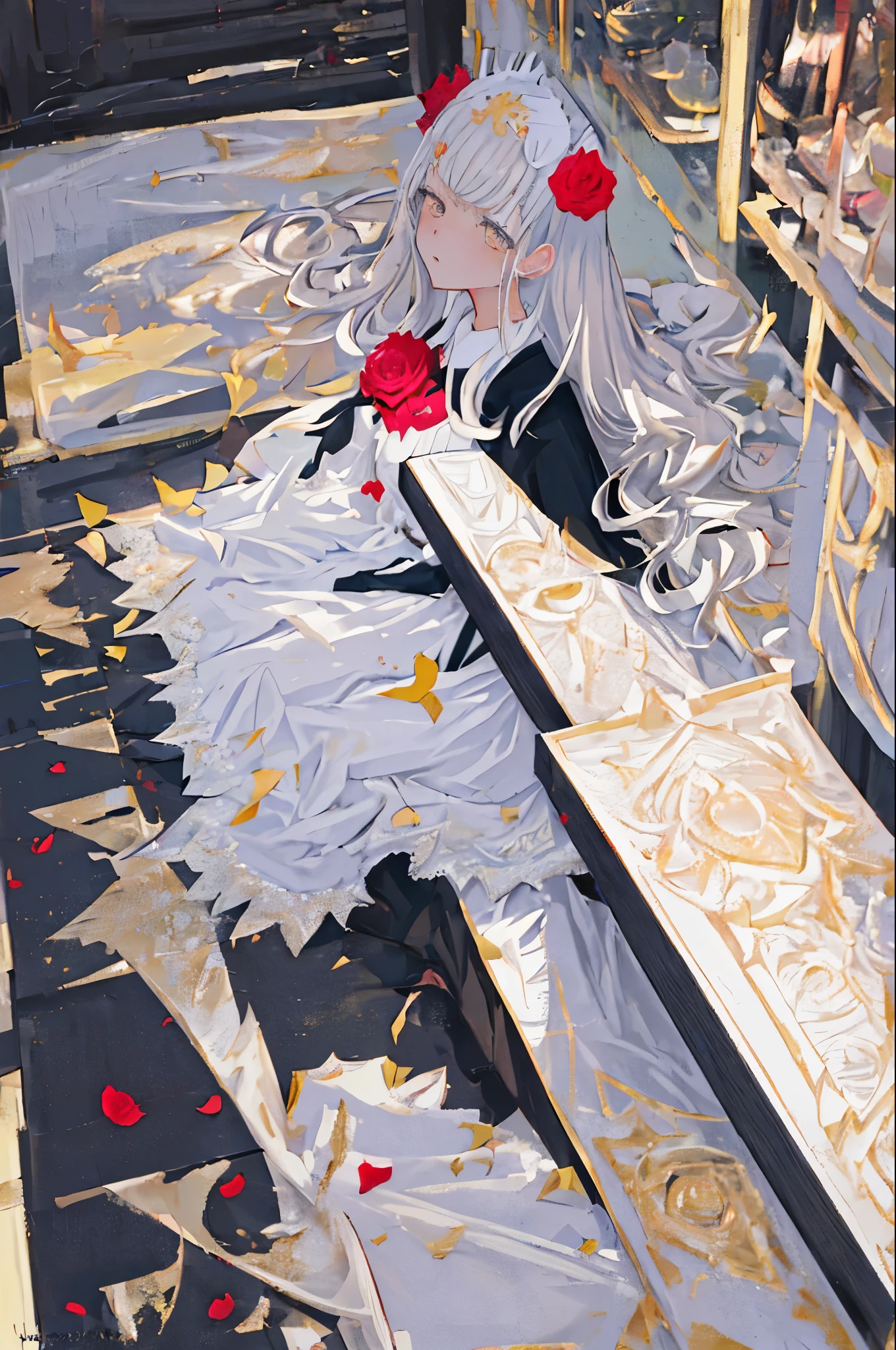 masterpiece, highest quality, super detailed, figure, close, straight, face focus, 1 girl, gray hair, golden eyes, long hair, Hello, angel wings, calm expression, looking at the viewer, (Noelle:1.4), rose petals, maid