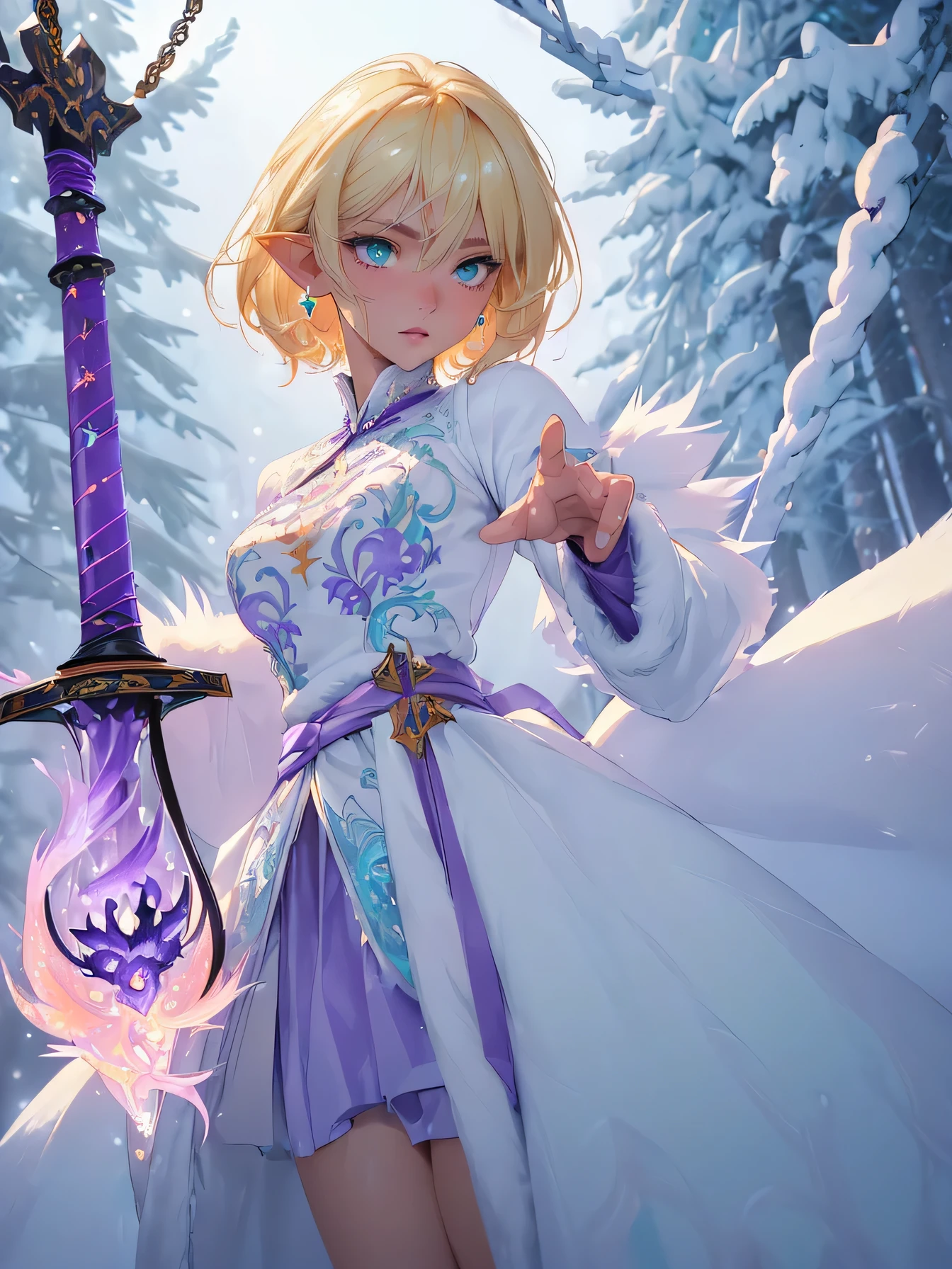 nsfw:1.1,high resolution:1.7,incredibly absurdres,kawaii:1,cute:1.5,hires.fix,incredibly fine illustration,8k,masterpiece:1.2,best quality, high quality,exquisite,beautiful,insanely detailed,intricate detailed,extremely detailed,Super Definition,ultra high res,Super Resolution,best aesthetic,ultra detailed:1.5,best quality,perfect face,detailed face,masterpiece:1.2, illustration:1.2, 8k cg wallpaper,stunning art,absurdres,octane render,ultra hires,1girl,cute elf,shinylips,waist slender,((anime elf with extremely cute and beautiful blond hair)),((((blond hair:1.35,undercut blond hair,short hair,colored inner hair,ear breathing)))),(((green_eyes:1.3))),intricate eyes,beautiful detailed eyes,symmetrical eyes,big eyes:1.5,enchanting bright eyes studded with gold and silver dust,(((pinky skin,glowing_skin,lustrous skin:1.5,bright skin:1.5,skin tanned,shiny skin,very shiny skin,shiny body,plastic glitter skin,exaggerated shiny skin,illuminated skin))),upward breasts,(detailed body,(detailed face)),cute,daring,zettai ryouiki,show skin,best relationship with four fingers and one thumb,((girl trembling with sexual climax)),(((aqua fur coat, aqua fur coat outfit, wearing a ice dress:1.3,aqua winter coat))),((ice dress,elegant ice dress)),(white gloves,white clothes,(((intricate outfit,intricate clothes,embroidered outfit,ornate outfit,embroidered clothes,ornate clothes))),torn clothes,broken clothes,(((pussy))),showing her vagina,((((perfect pussy)))),(((detailed pussy))),kupaa,show off pussy,((spread pussy)),(embarrassed),(dynamic pose:1.0),(centered,scale to fit dimensions,Rule of thirds),((snowy pine forest)),winter,scenery:1.25,((intricate scenery)),((snow forest background)),standing,(purple fire:1.5),(holding purple flame sword:1.5),(holding white energy sword:1.3),(black flame katana:1.3), (swing a white flame sword:1.3),battle,fight,(action pose:1.4),(vengeful spirit come's attack),(vs vengeful spirit)
