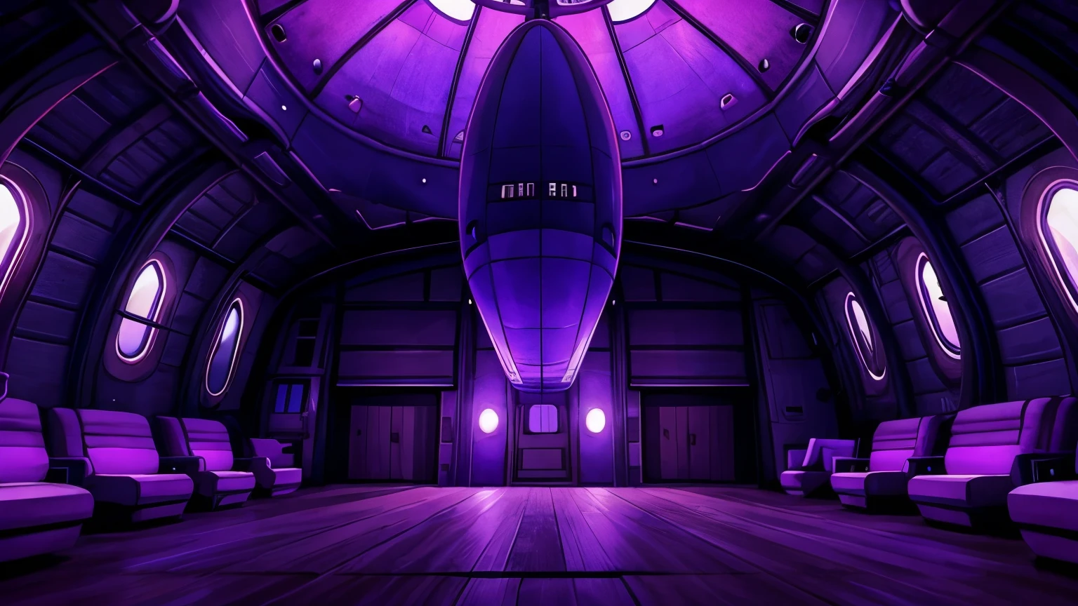 empty room inside a E.T's airship, at night, purple, fantasy