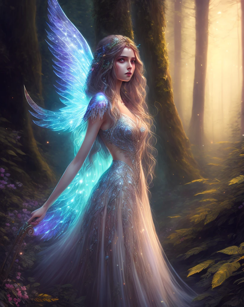 best quality,ultra-detailed,realistic,portrait,painting,girl,light colors,fantasy,magic,glowing eyes,magical wand,sparkling dress,long flowing hair,fairy wings,mysterious forest background,lush greenery,enchanting atmosphere,soft lighting