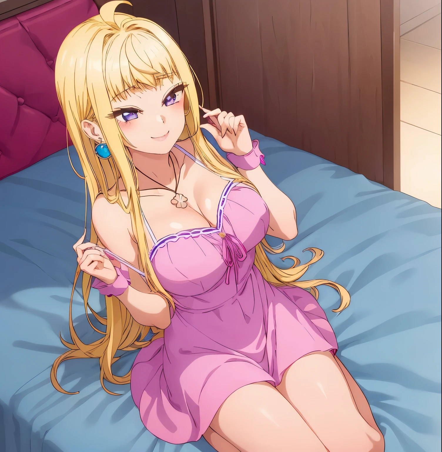 1girl, alone, minami fuyuki,masterpiece,best quality,highres,ultra-detailed,bbminami,long hair,large breasts,ahoge,earrings,necklace,dress,pink dress,shirt,bare ,indoors,bed,sitting,wariza,smile,(blush:1.2),big breasts, medium waist, wide hips, wide thighs, long blonde hair, violet eyes, earrings in her ears, excellent anatomy, excellent hands 