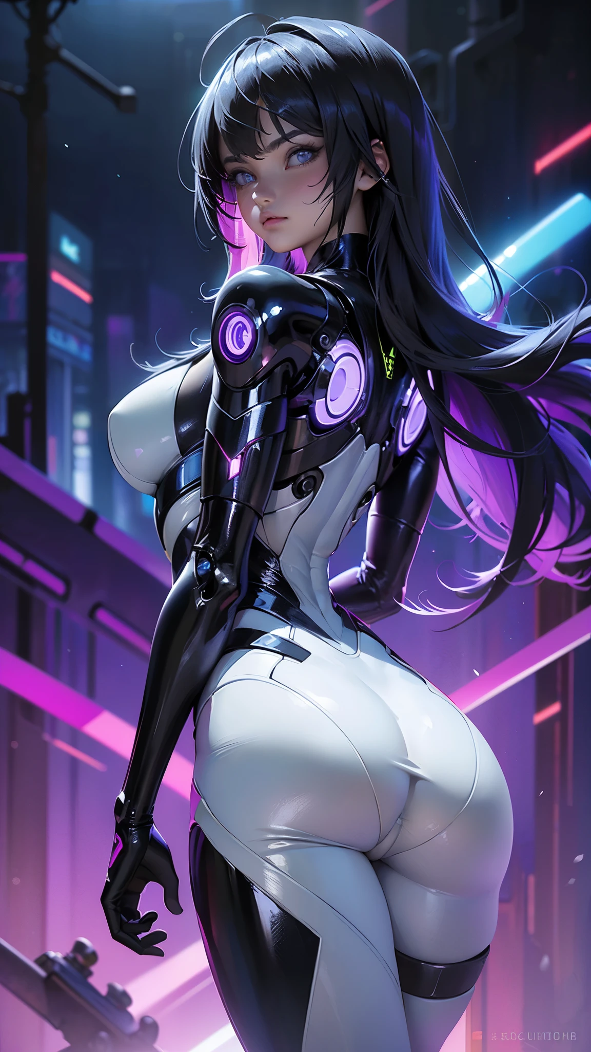 the highest quality))、((Obra maestra)、ciberpunk、big glutes、arrodillarse、Electronic visor attached to the face of a with emphasis on the buttocks、Red latex body,Moda cyberpunk、pose sexy、(Usar polainas amarillas en la parte inferior del cuerpo、Agrandamiento de los senos、Neon lights in the dark city at night,Motor irreal:1.4,HD,La Mejor calidad:1.4, fotorrealista:1.4, textura de la piel:1.4, Obra maestra:1.8,Obra maestra, Mejor calidad,(Hermosos ojos azules ),( neon violet cyborg),(perfect anatomy),(convexo ,Dedos detallados),white cyborg latex bodysuit, (ciberpunk 2.1)