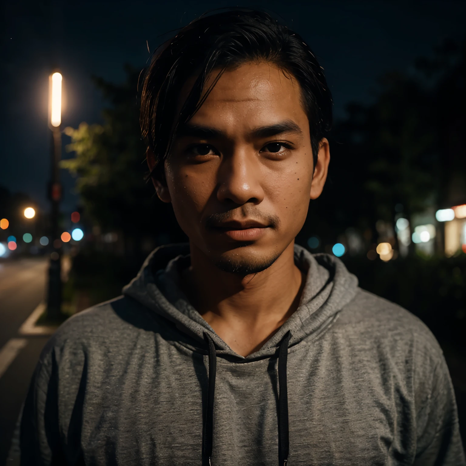 outdoor, hills, night, a RAW photo a indonesian man in black hoodie, closeup, 35 yo,gray hair, muted colors
hyper detailed skin, (moles:1.12), photojournalism
low light