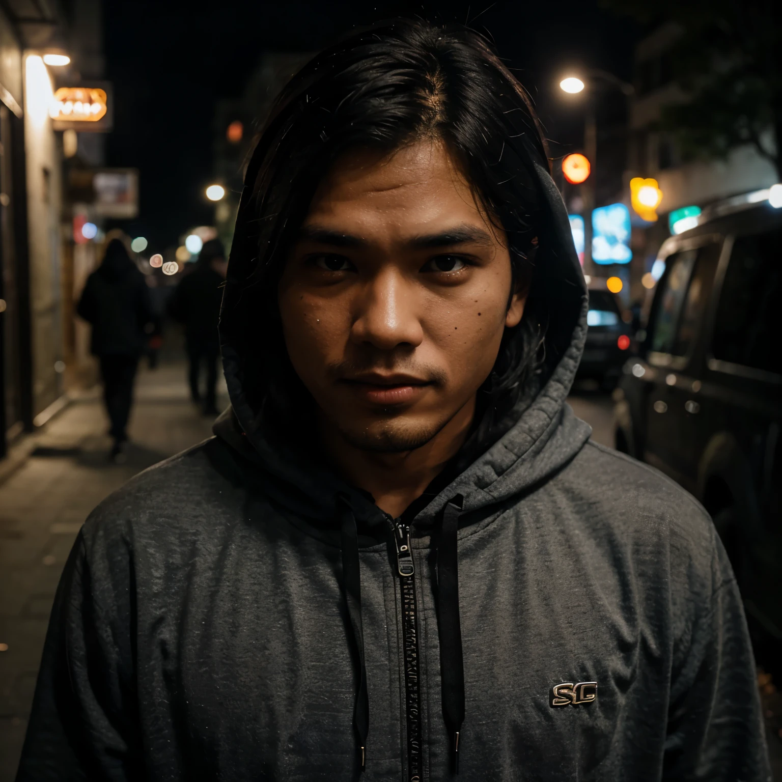 outdoor, hills, night, a RAW photo a indonesian man in black hoodie, closeup, 35 yo,gray hair, muted colors
hyper detailed skin, (moles:1.12), photojournalism
low light