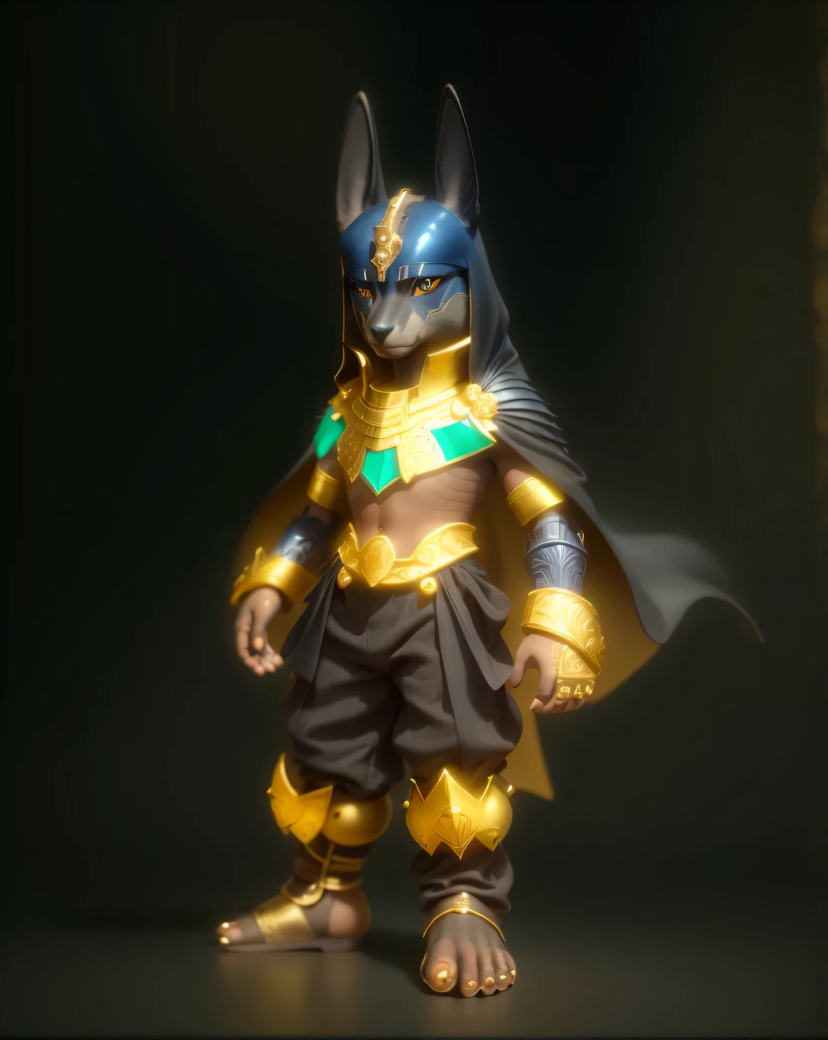 (high resolution), ((intricate details)), (Masterpiece), (((HD))), HDR, a close up of a 3D character in a costume, Anubis , portrait of Anubis , CHACAL BLUE EYES, ((dark satin cape)) , black and gold shiny armor, round blue gem at chest plate, varguyart style, faired skin, brown skin, shiny egyptian armor, metallic bronze skin, tane skin, anubis, ((COTON PANTS with golden details)), focused, defined