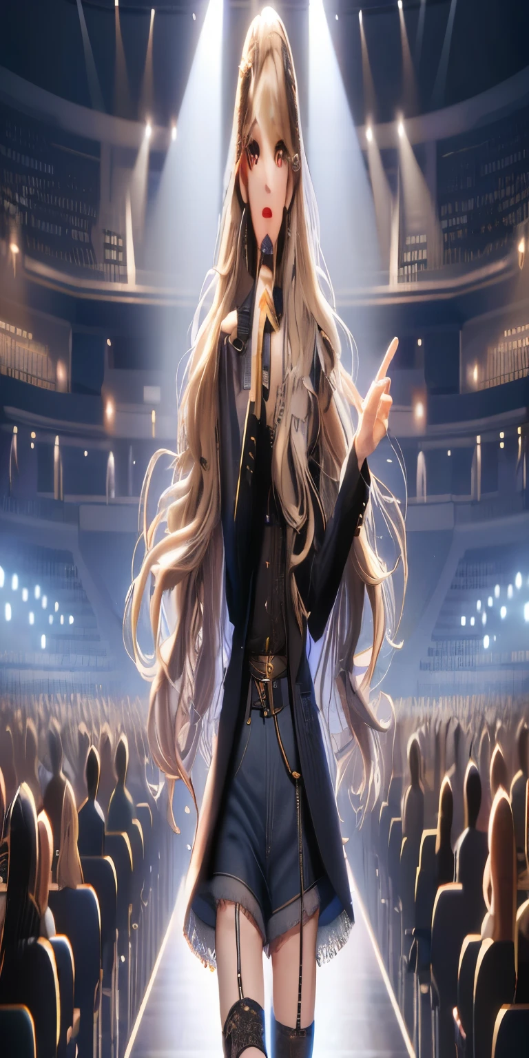 Anime girl holding microphone in front of audience in theater, Rising in popularity on cgstation, big, anime girl with long hair, Smooth animated CG art, blonde anime girl with long hair, April's renders, Young idols, Portraits of K-pop idols, portrait of female Korean idol, Korean idol, Guweiz style art work, portrait of jossi of blackpink