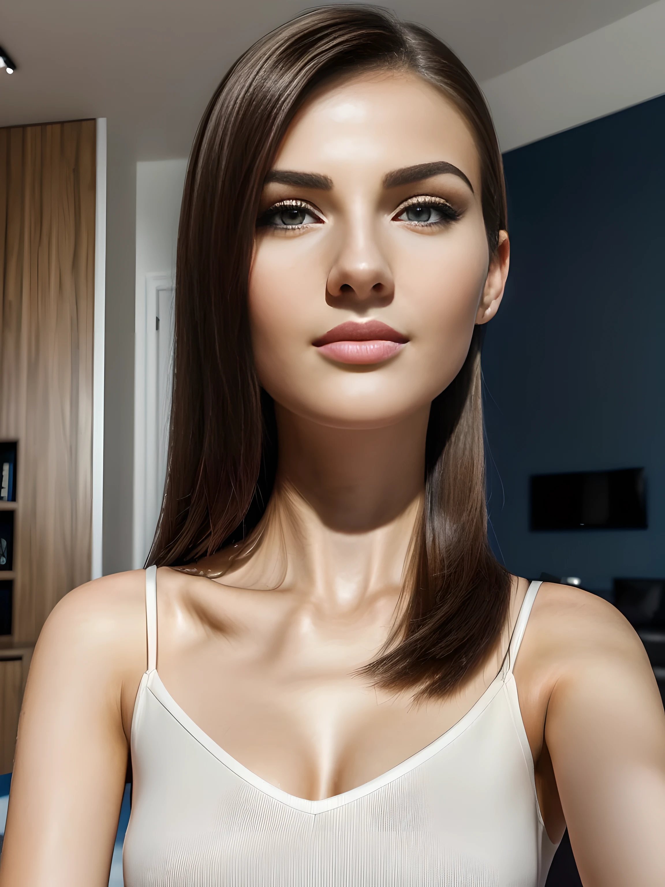 Very Low angle, (standing, thigh gap), smirk, Nude photo of angelina Jolie, (interior of bedroom, sexy light) night, body, narrow waist, wide hips, medium perky breasts, happy face, smiling, pussy, trimmed pubic hair, visible pussy, long, wavy brunette hair, thigh gap, ((wearing choker)), RAW, beautiful woman, ((nude body)), ((detailed face:1.2)), ((detailed facial feature, detailed skin, clear skin), (perfect proportioned body), (naked) ((location is fashion runway, spotlights)), (realistic photo, best quality, detailed), (8k wallpaper), (cinematic lighting, dramatic lighting) (sharp focus, intricate)