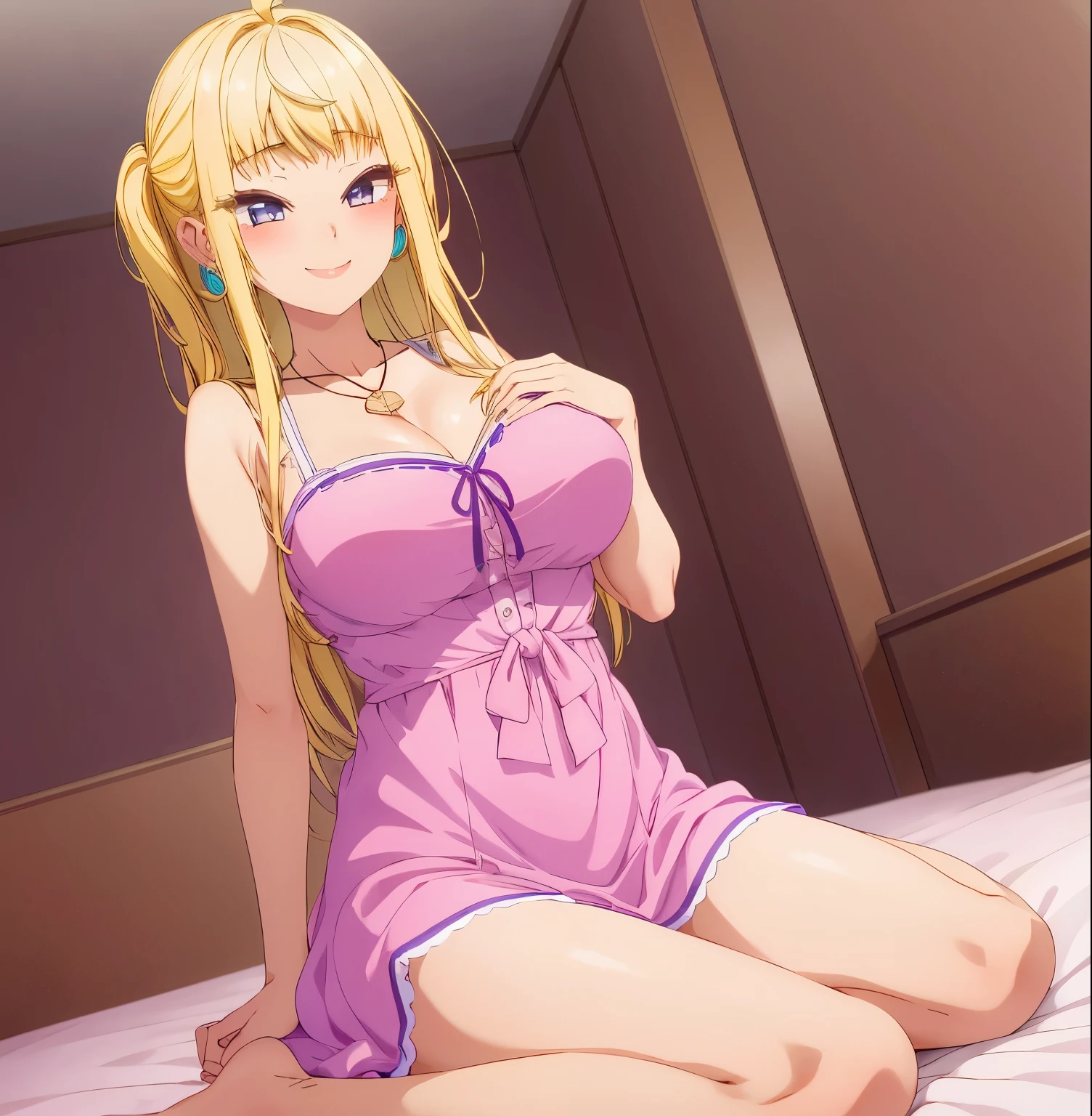 1girl, alone, minami fuyuki,masterpiece,best quality,highres,ultra-detailed,bbminami,long hair,large breasts,ahoge,earrings,necklace,dress,pink dress,shirt,bare ,indoors,bed,sitting,wariza,smile,(blush:1.2),big breasts, medium waist, wide hips, wide thighs, long blonde hair, violet eyes, earrings in her ears, excellent anatomy, excellent hands 