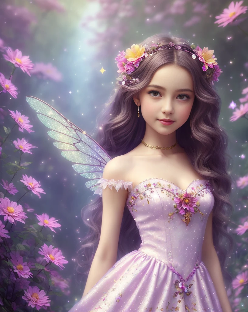 (best quality,4k,8k,highres,masterpiece:1.2),ultra-detailed,realistic,portrait,digital painting,happy magical girl,sparkling eyes,flowing hair,fairy wings,colourful dress,bright and vibrant colors,soft and warm lighting,magical wand,cute and innocent expression,beautiful flowers in the background,enchanted forest,glowing butterflies,fantasy theme,adorable and charming,whimsical and magical atmosphere.