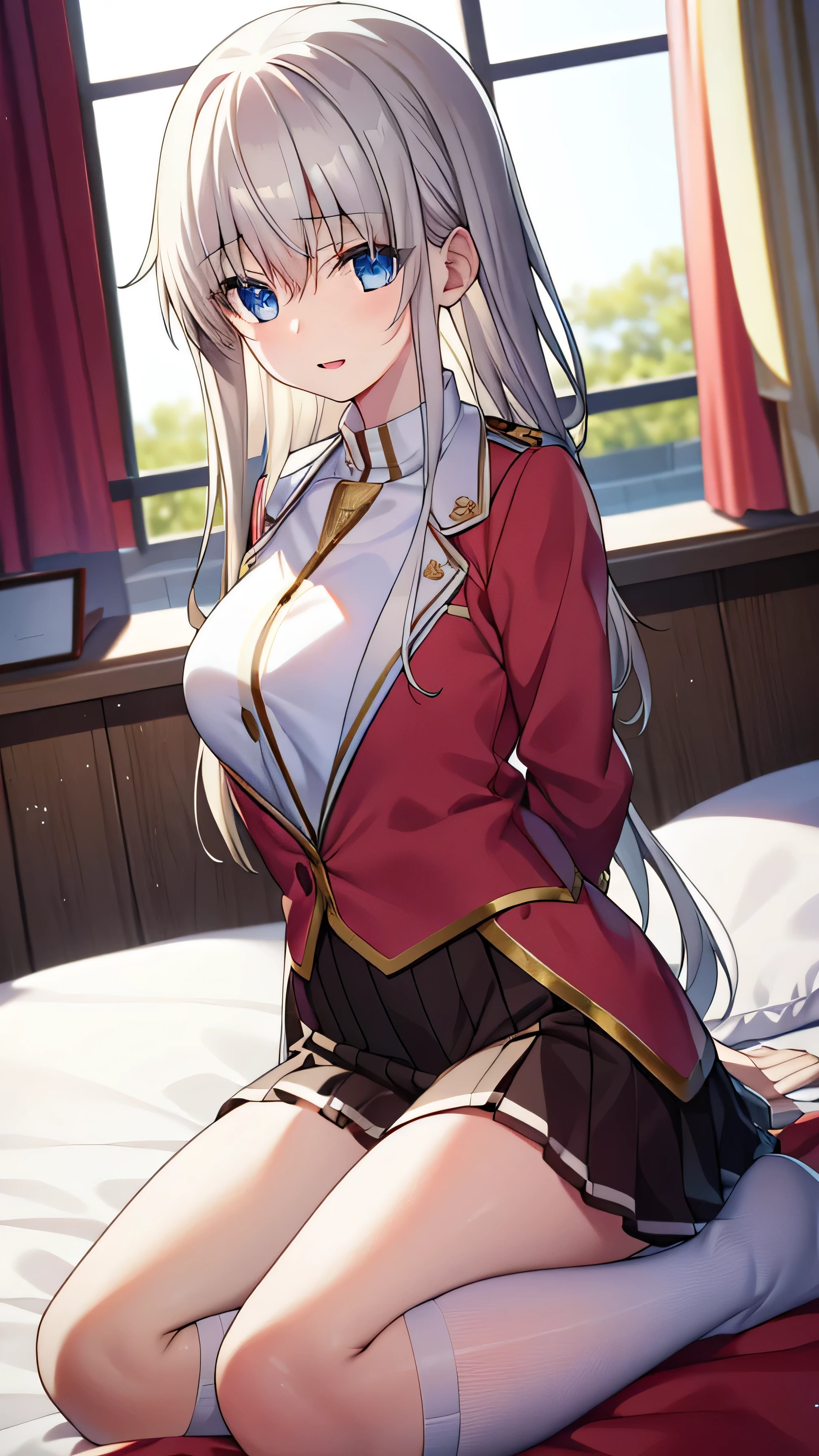 detailed， dense， masterpiece， a girl， Beautiful big breasts， Wearing a white cardigan， Everlasting，Stand by the bed，There were blankets，  white hair， ， Light滑的皮肤， 发Light的皮肤， 发Light的头发， clear eyes， 发Light的眼睛，blue eyes， pale pink lips， （The audience looks down： 0. 8） Smile， cheeks dyed red， very shy， open mouth， through bangs， white sleeves， white coat， a girl， soft skin，good understanding， 发Light的皮肤， Light， 丰富的Light， room Lighting， Simple gold necklace， Diamond necklace， white lace文胸， white lace， white lace内衣， high angle， low angle， （masterpiece： 1.0）， （actual： 1.6）， （soft focus： 1.5），Black，