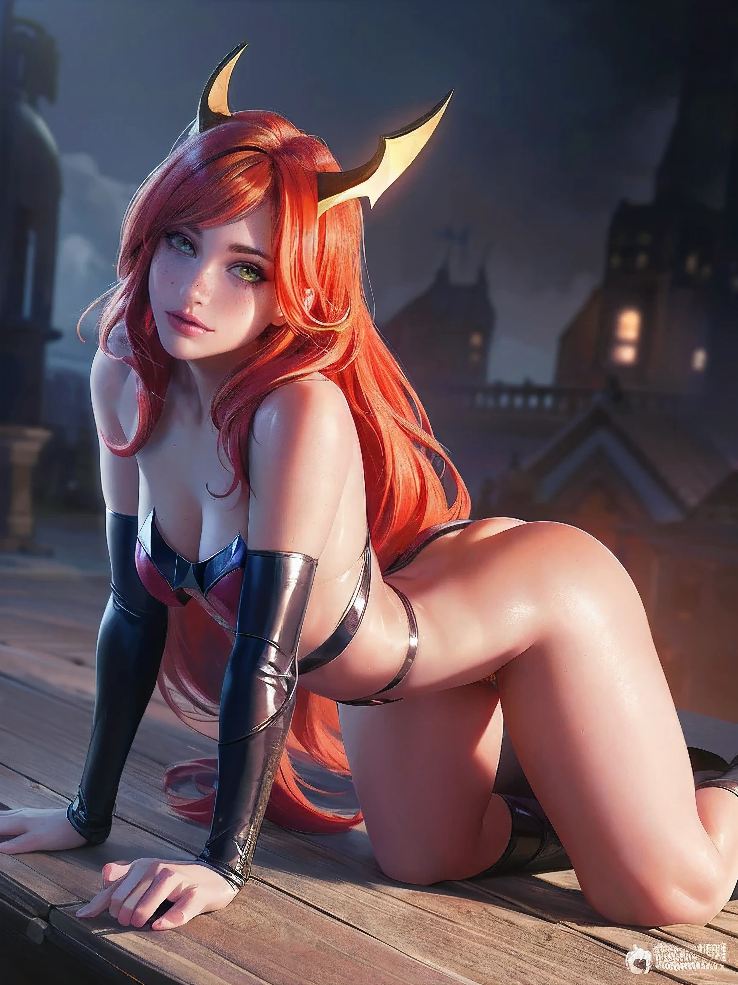 (whole body:1.5),beautiful detailed background, octane rendering, 8K, best quality, masterpiece, ghostly floating fire, illustration, extremely delicate and beautiful, detailed,extremely detailed,CG,Unite,wallpaper,Astonishing, fine details, realistic art: 1.2 ,masterpiece, best quality, official art, extremely detailed CG Unite 8K wallpaper,1 girl, Batgirl (((red hair))), wearing batgirl superhero costume, lying face down, head and shoulders arched up, dark Knight, green eyes, pretty symetrical face, oily wet skin, tanned skin, freckles, thin waist, narrow hips, tight apple ass, small breasts, Looking off to the side, naked, , Realistic photos, (hiqcgbody) ,perfect female figure, dark gothic rooftop background