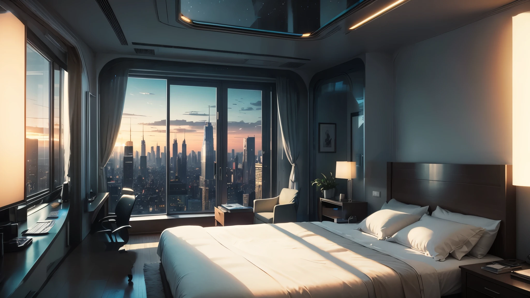 late night、Big city、skyscraper、It's pitch black outside the window、bed is futuristic、futuristic tv on the wall