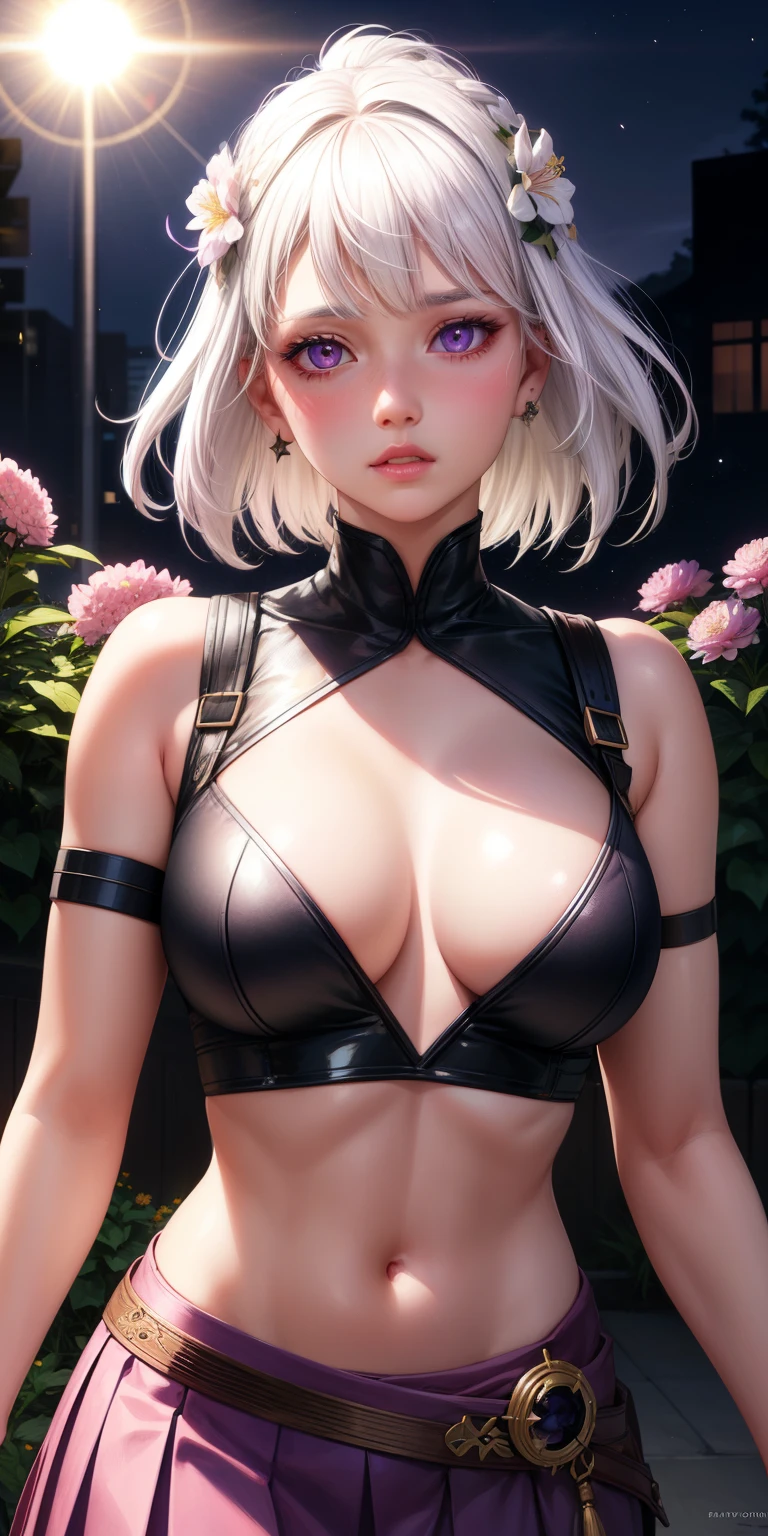 realistic, 1girl, white hair, purple eyes, glowing eyes, crop top, skirt, parted lips, blush, night, flowers, sun, sunlight,