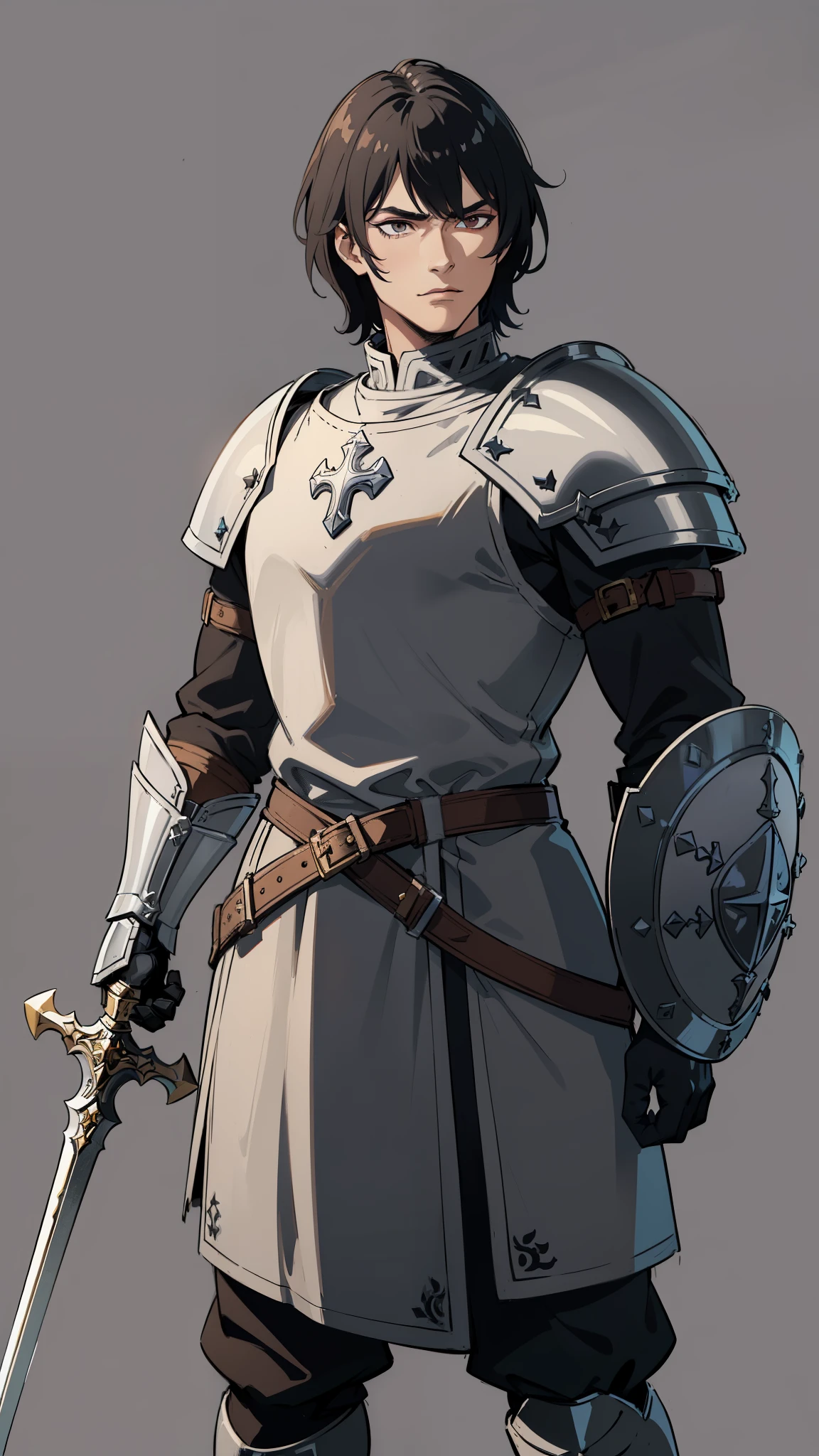 masterpiece, detailed, character, dungeons and dragons character, 1man, human man, human paladin, human holy knight, (black hair), short hair, manly face, detailed face, detailed eyes, brown eyes, muscular strong body, ((holding [sword|shield:0.5] in hands:1.1)), (wearing fantasy (warrior holy full plate armor (holy christian outfit))), ((simple background, grey color background))