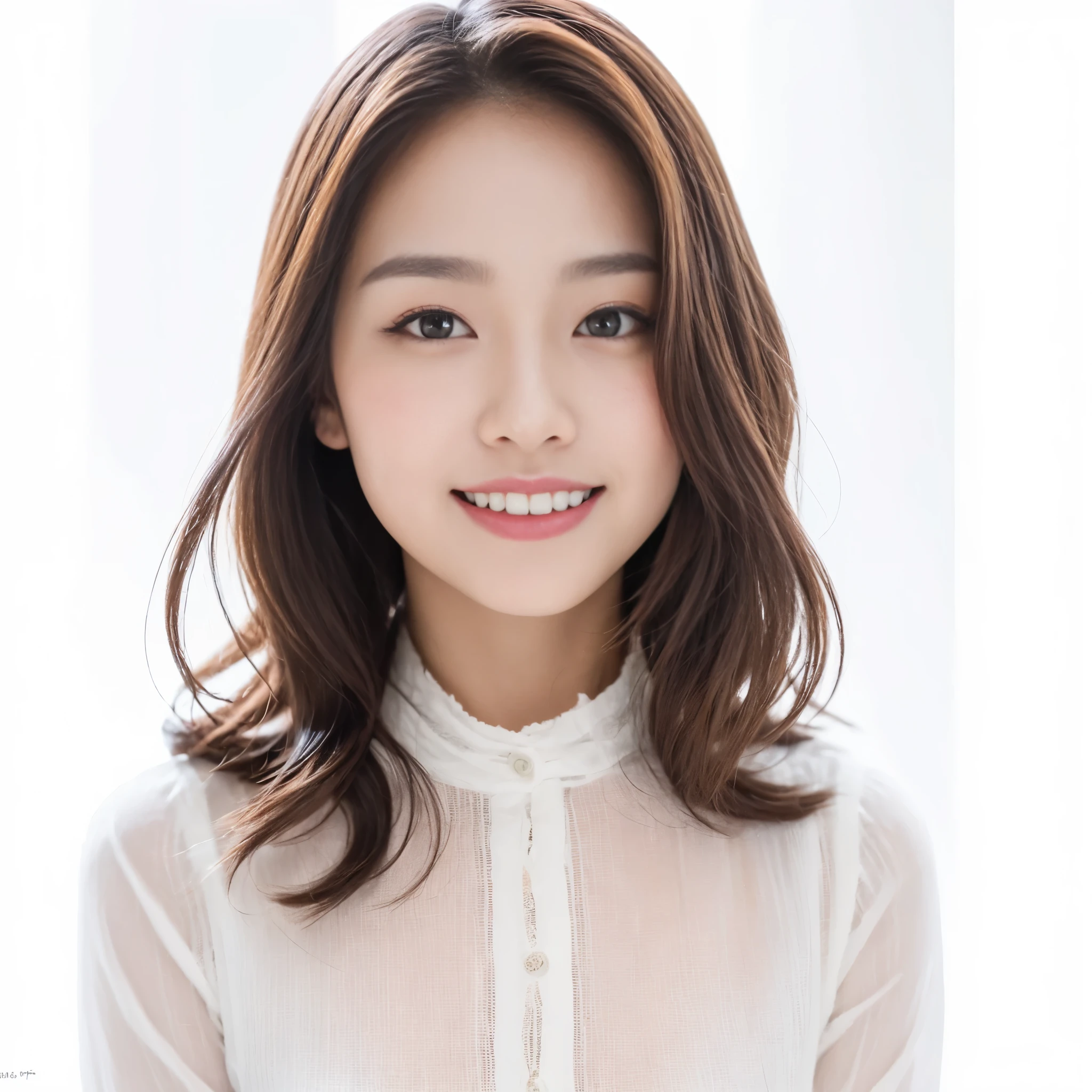 a young asian woman in a white blouse, in the style of salon kei, snapshot aesthetic, light gray and light crimson, 32k uhd, matte photo, oshare kei a woman who wears white in her , in the style of salon kei, soft tonal transitions, 32k uhd, natural beauty, , subtle shading, light brown and red a girl is looking into the camera, in the style of oshare kei, light white and light gray, salon kei, gentle contours, light white and light brown, light white and light red, soft-edged ,Asian, Japanese, small face, 23 years old,photo realistic、smile