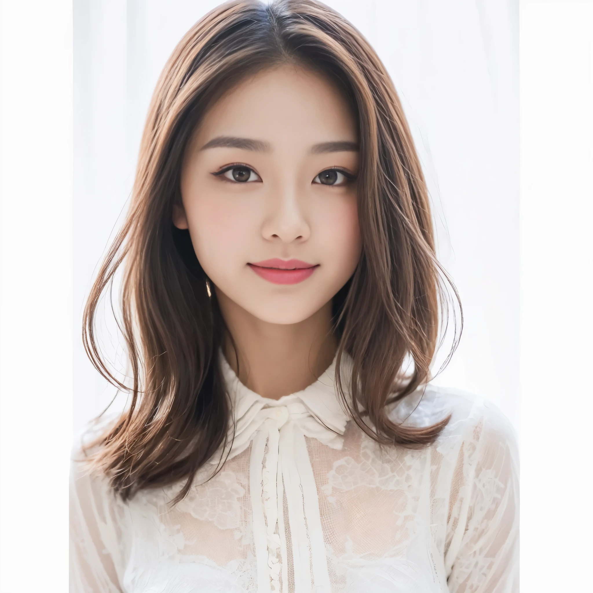 a young asian woman in a white blouse, in the style of salon kei, snapshot aesthetic, light gray and light crimson, 32k uhd, matte photo, oshare kei a woman who wears white in her , in the style of salon kei, soft tonal transitions, 32k uhd, natural beauty, , subtle shading, light brown and red a girl is looking into the camera, in the style of oshare kei, light white and light gray, salon kei, gentle contours, light white and light brown, light white and light red, soft-edged ,Asian, Japanese, small face, 23 years old,photo realistic、smile
