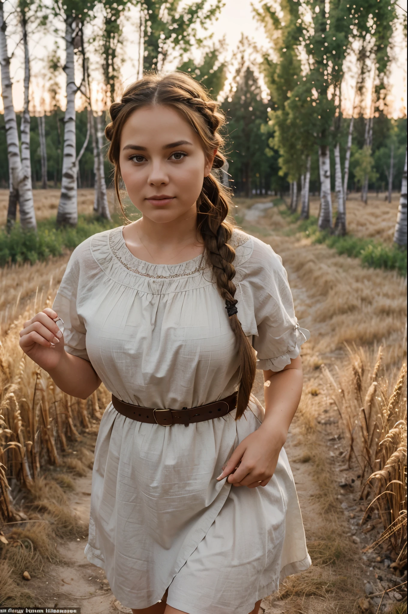 a plump woman with brown hair in a braid in Russian clothes open at the front walks across a field, ears of wheat, early morning, fog, Full-face face, against the backdrop of a birch grove