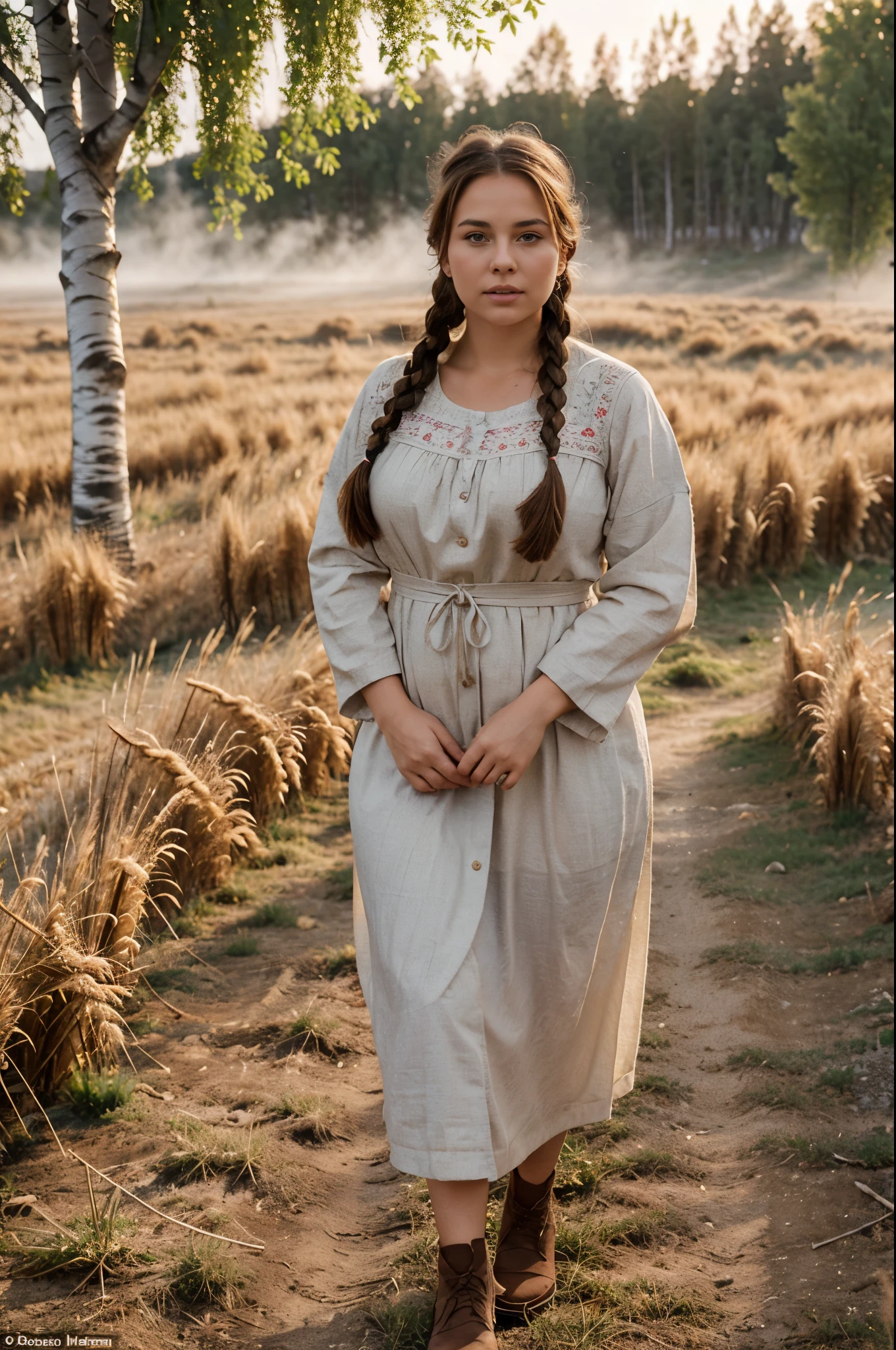  a plump woman with brown hair in a braid in Russian clothes open at the front walks across a field, ears of wheat, early morning, fog, Full-face face, against the backdrop of a birch grove