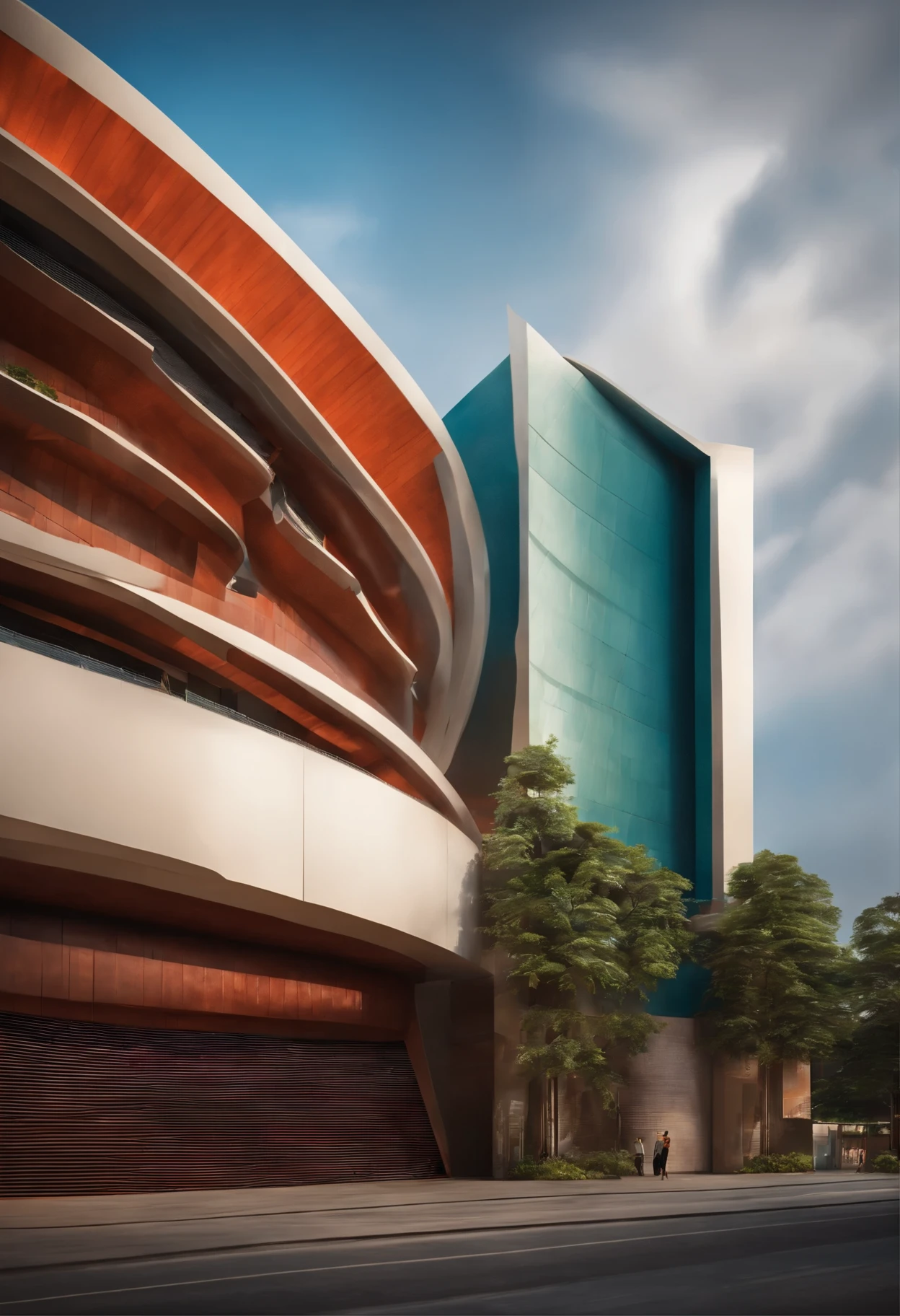 an perspective view of an iconic modern theater,  inspired by filipino architecture, external view