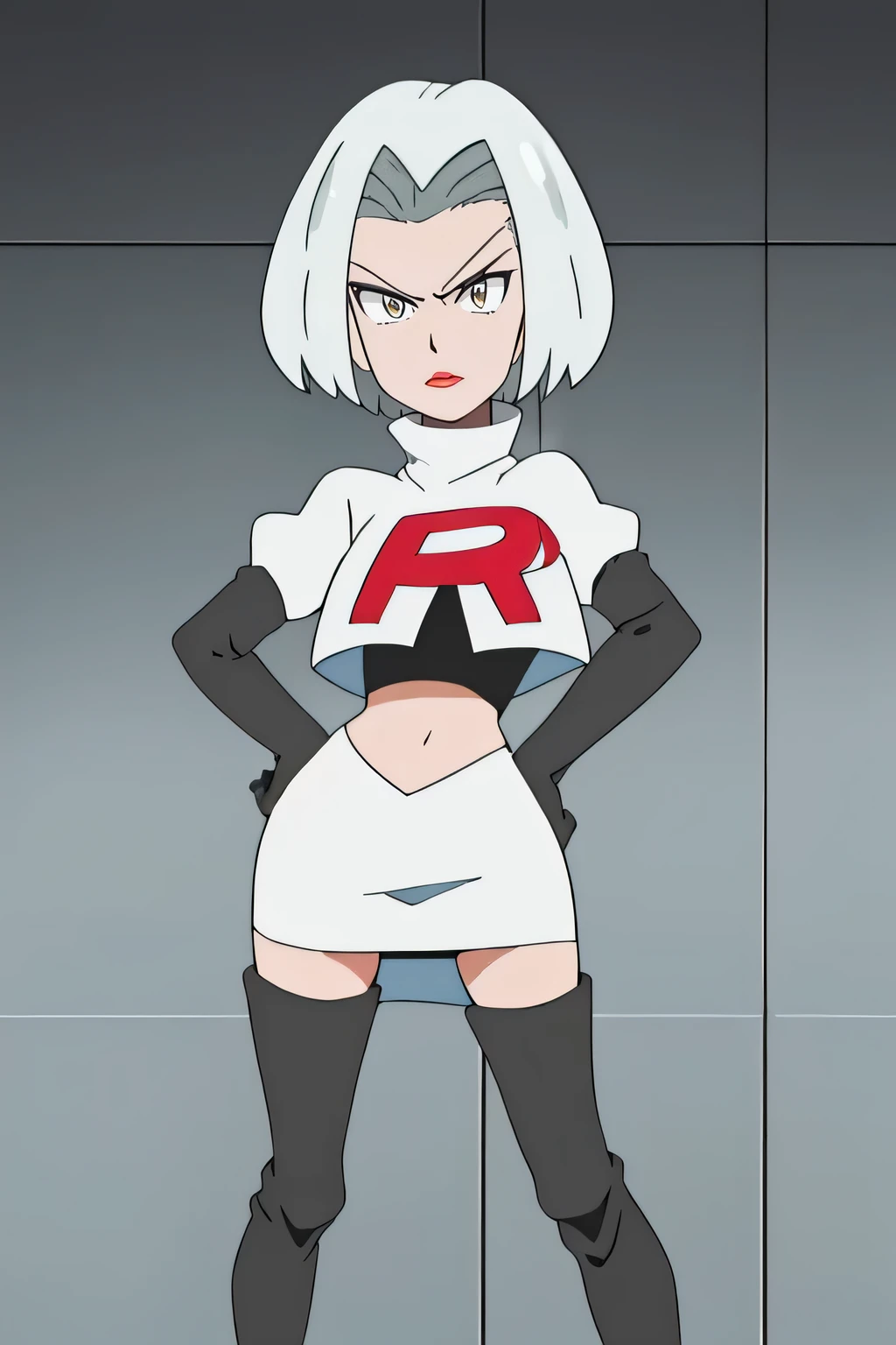 defManuela,glossy lips,masterpiece, best quality, highres,team rocket uniform, red letter r, white skirt, white crop top, black thigh-high boots, black elbow gloves, glaring angrily, looking at viewer, hands on hips, full body seen, zettai ryouiki