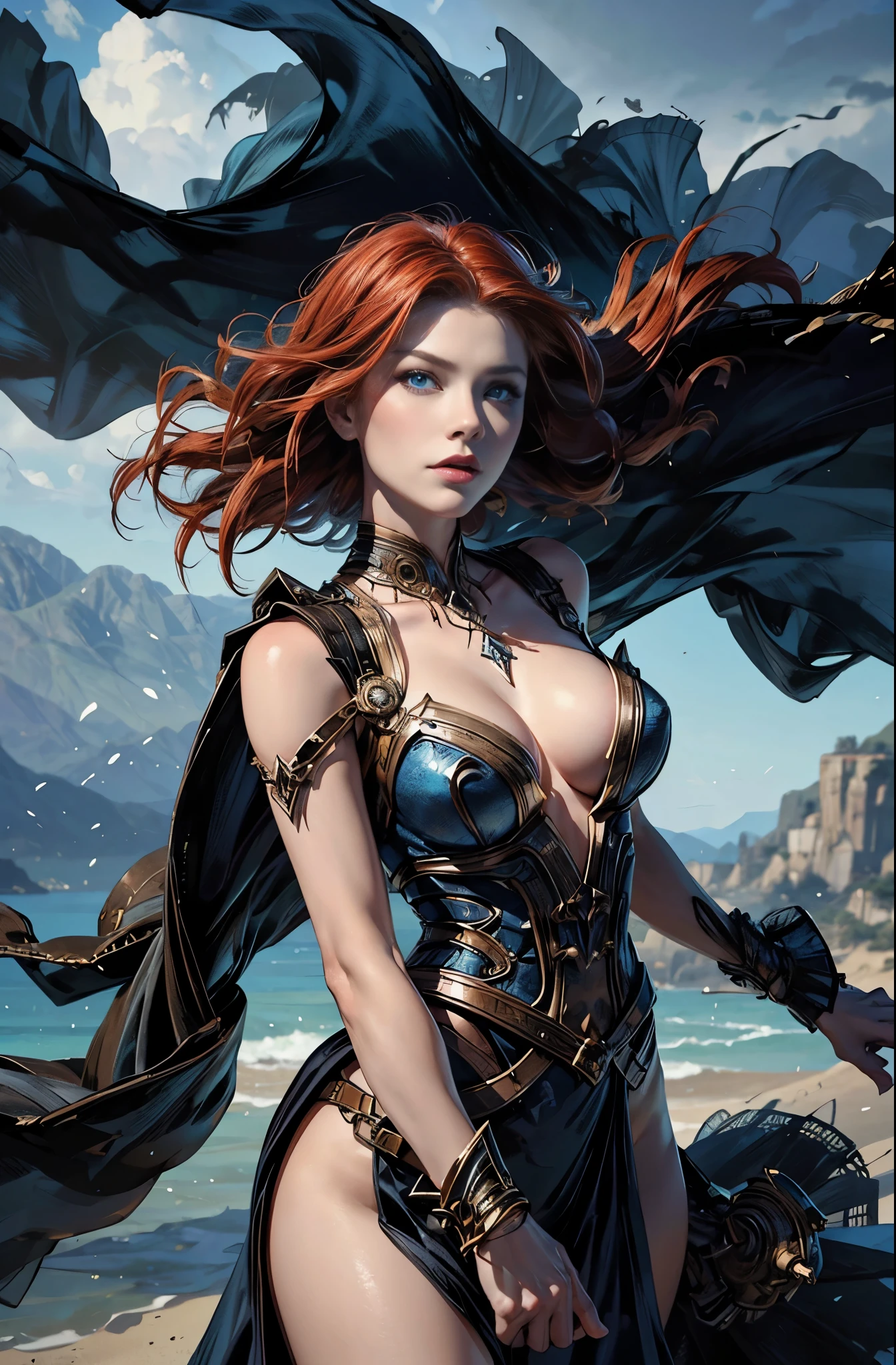 A woman in her late 20s who boasts unparalleled beauty., red hair, Another name for the red scorpion, Invincible female mercenary, Brave, Awe-inspiring Hall々, The wind is thunderous, lightning speed, Be brave and bold, beautiful goddess of war, extremely detailed and beautiful eyes, blue eyes without pupils, Ride of Valkyrie, Valhalla, unparalleled beauty, perfect supermodel body, delicate, whole body slender, Tall and lean, Slender, quite beautiful face, beautiful, Cloak wrapped in the wind, Battle Master, wallop style, Style Ivan Talavera and Artgerm, wallop and art germ, art germ style, inspired by Vincent Lefevre, Gwaites style artwork, artgerm and wlop, figurative art, Beautiful and expressive paintings, Beautiful artwork illustration, wonderful, cool beauty, highest quality, official art, perfect composition, perfect angle, best shot, female solo, sharp outline, nostalgia, romantic, blue eyes without pupils, color eye, mysterious, fantasy, Sense of presence, battlefield, combat readiness, battle scene, Close-up