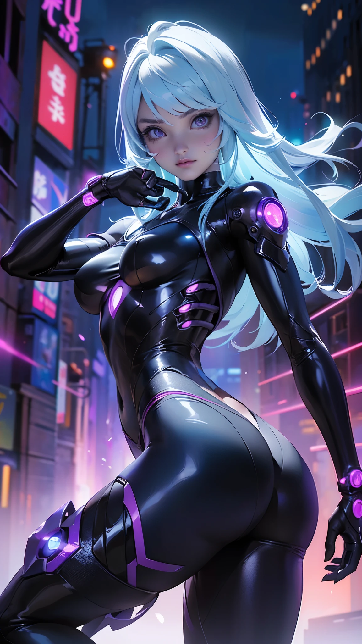 the highest quality))、((Obra maestra)、ciberpunk、big glutes、arrodillarse、Electronic visor attached to the face of a with emphasis on the buttocks、Red latex body,Moda cyberpunk、pose sexy、(Usar polainas amarillas en la parte inferior del cuerpo、Agrandamiento de los senos、Neon lights in the dark city at night,Motor irreal:1.4,HD,La Mejor calidad:1.4, fotorrealista:1.4, textura de la piel:1.4, Obra maestra:1.8,Obra maestra, Mejor calidad,(Hermosos ojos azules ),( neon violet cyborg),(perfect anatomy),(convexo ,Dedos detallados),white cyborg latex bodysuit, (ciberpunk 2.1),(bodysuit white ciborg)