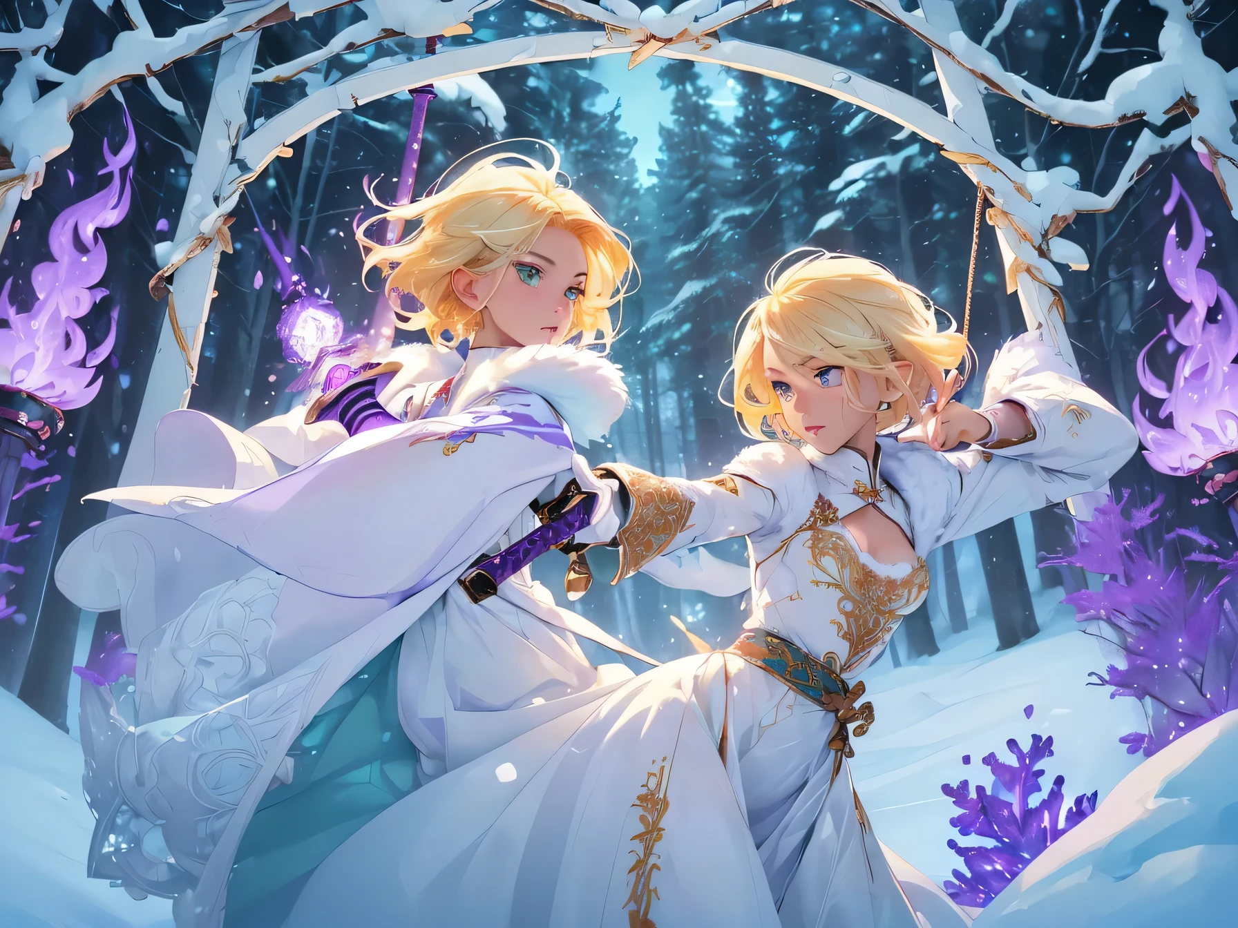 nsfw:1.1,high resolution:1.7,incredibly absurdres,kawaii:1,cute:1.5,hires.fix,incredibly fine illustration,8k,masterpiece:1.2,best quality, high quality,exquisite,beautiful,insanely detailed,intricate detailed,extremely detailed,Super Definition,ultra high res,Super Resolution,best aesthetic,ultra detailed:1.5,best quality,perfect face,detailed face,masterpiece:1.2, illustration:1.2, 8k cg wallpaper,stunning art,absurdres,octane render,ultra hires,1girl,cute elf,shinylips,waist slender,((anime elf with extremely cute and beautiful blond hair)),((((blond hair:1.35,undercut blond hair,short hair,colored inner hair,ear breathing)))),(((green_eyes:1.3))),intricate eyes,beautiful detailed eyes,symmetrical eyes,big eyes:1.5,enchanting bright eyes studded with gold and silver dust,(((pinky skin,glowing_skin,lustrous skin:1.5,bright skin:1.5,skin tanned,shiny skin,very shiny skin,shiny body,plastic glitter skin,exaggerated shiny skin,illuminated skin))),upward breasts,(detailed body,(detailed face)),cute,daring,zettai ryouiki,show skin,best relationship with four fingers and one thumb,((girl trembling with sexual climax)),(((aqua fur coat, aqua fur coat outfit, wearing a ice dress:1.3,aqua winter coat))),((ice dress,elegant ice dress)),(white gloves,white clothes,(((intricate outfit,intricate clothes,embroidered outfit,ornate outfit,embroidered clothes,ornate clothes))),torn clothes,broken clothes,(((pussy))),showing her vagina,((((perfect pussy)))),(((detailed pussy))),kupaa,show off pussy,((spread pussy)),(embarrassed),(dynamic pose:1.0),(centered,scale to fit dimensions,Rule of thirds),((snowy pine forest)),winter,scenery:1.25,((intricate scenery)),((snow forest background)),standing,(purple fire:1.5),(holding purple flame sword:1.5),(holding white energy sword:1.3),(black flame katana:1.3), (swing a white flame sword:1.3),battle,fight,(action pose:1.4),(vengeful spirit come's attack),(vs vengeful spirit)