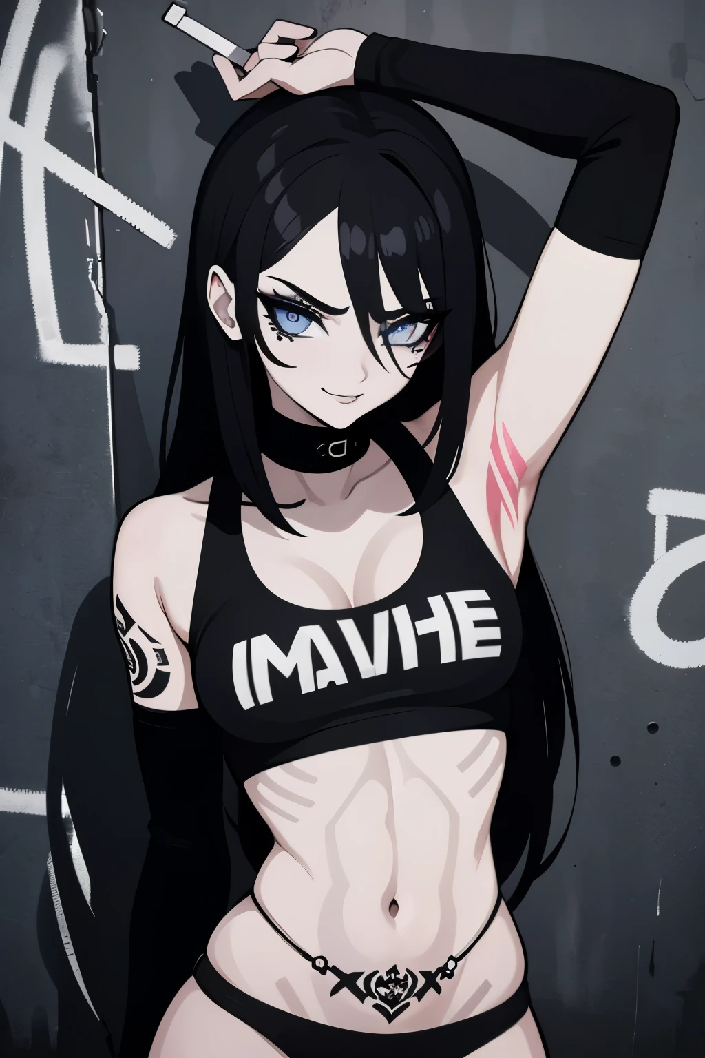 a woman with a mischievous and rebellious look, black clothing, intense and piercing eyes, edgy makeup, long flowing black hair, confident and sassy expression, standing against a graffiti-covered wall, surrounded by urban street art, tattooed arms and a smirk on her face, dark lipstick, a cigarette in hand, confident posture, urban and grungy atmosphere, strong and independent attitude, empowering and fierce vibe, punk rock style, high contrast lighting, vibrant and bold colors, intense and dramatic shadows, cinematic quality, high resolution and detailed, raw and rebellious energy