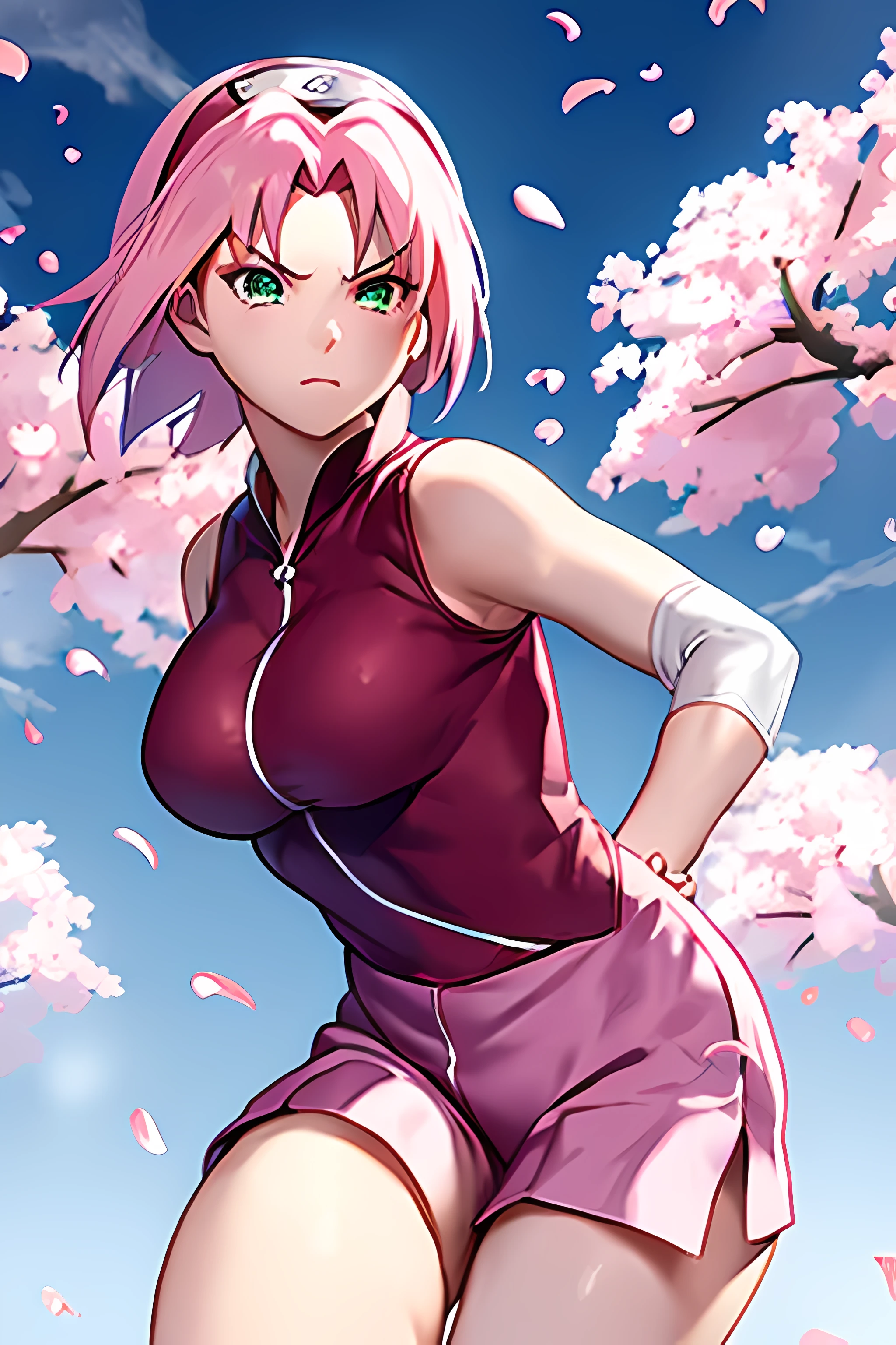 haruno sakura, naruto \(series\), naruto shippuuden, anime art style, masterpiece,
looking at viewer, upper body,
fighting pose, clenched hands, closed hands, contracted fingers, arm stretched out, raised fist, about to punch, detailed fist, focus fist,
red shirt, shirt, short hair, sleeveless, sleeveless shirt, forehead protector, hairband, konohagakure symbol on hairband, ((bare thighs)),
1girl, solo, bangs, breasts, closed mouth, elbow sleeve, eyes visible through hair, floating hair, foreshortening, green eyes, hair intakes, parted bangs, pink hair, small breasts, v-shaped eyebrows, detailed background, outdoor, cherry blossoms, sky, cloud, wind, day, sunlight, ((large breasts))