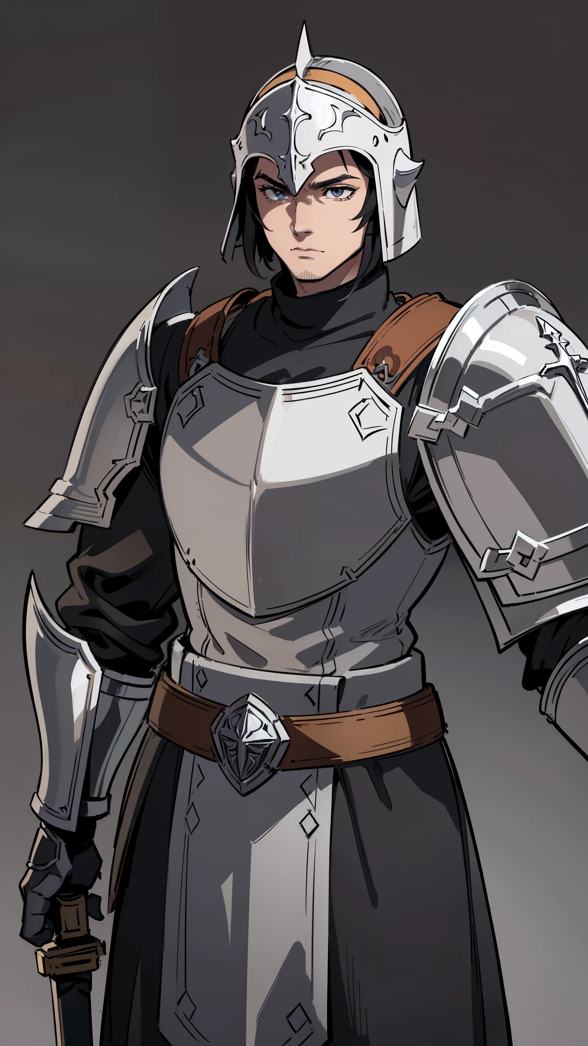 masterpiece, detailed, character, dungeons and dragons character, 1man, human man, human paladin, human holy knight, (black short hair), manly face, detailed face, detailed eyes, brown eyes, muscular strong body, ((holding [sword|shield:0.5] in hands:1.1)), (wearing fantasy (warrior holy full plate armor (holy Christian outfit)), helmet, ((simple background, grey color background))