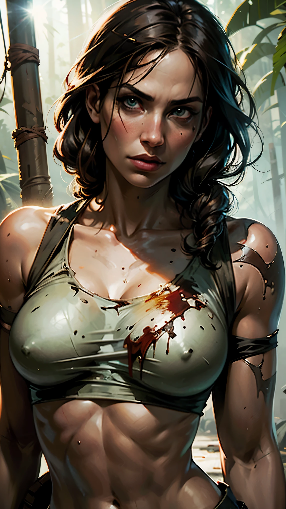 Lara Croft, Beautiful female face, Torn clothes, torn top on chest, wet top, wounds and blood, heroic pose, serious face, volumetric light, smoking body, particles, jungle, medium breasts, frontal shot.