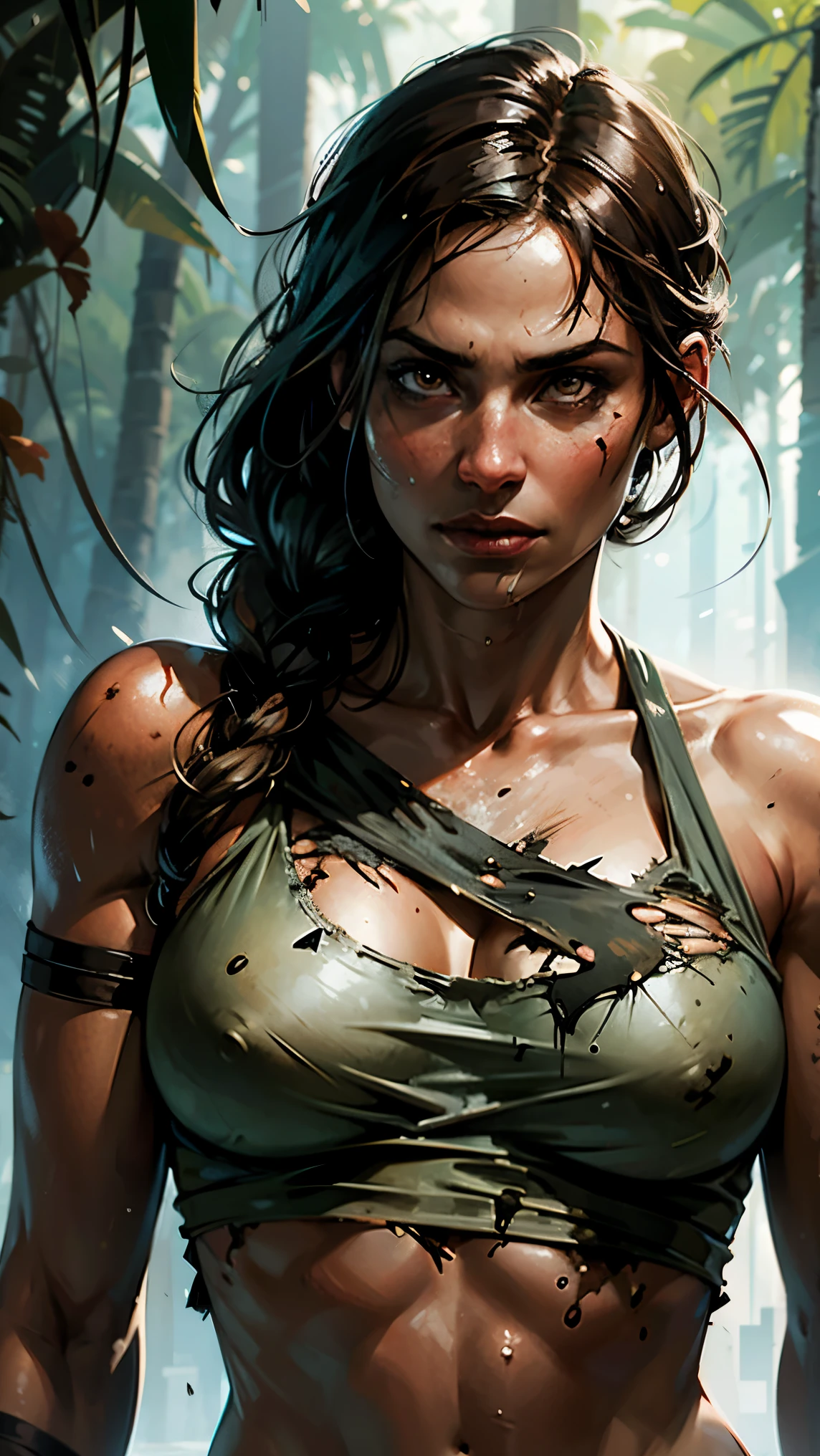 Lara Croft, Beautiful female face, Torn clothes, torn top on chest, wet top, wounds and blood, combat pose, serious face, volumetric light, smoking body, particles, jungle, medium breasts, frontal shot.