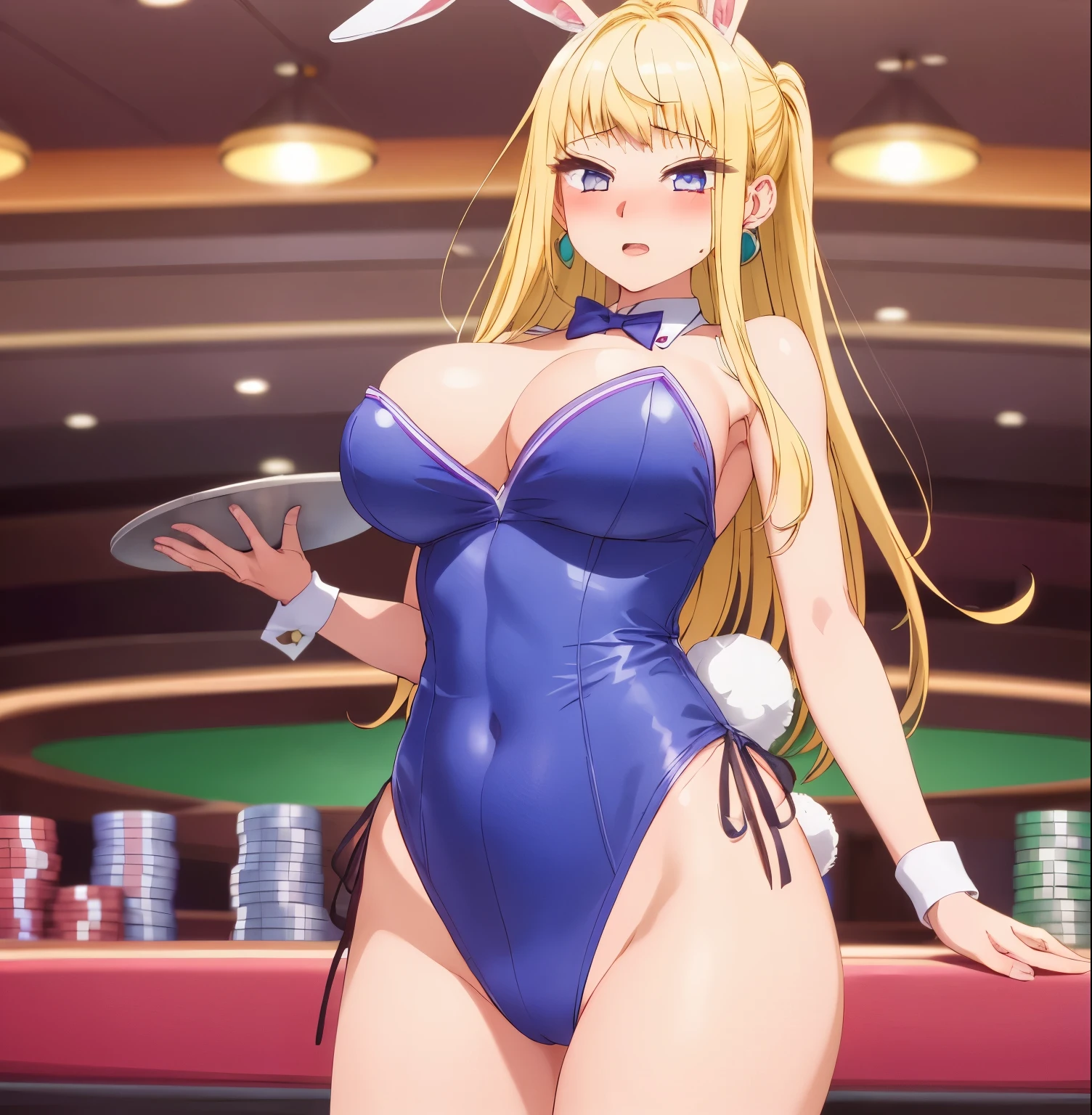 1girl, alone, minami fuyuki,masterpiece,best quality,highres,ultra-detailed,bbminami,long hair,large ,(rabbit ears:1.2),playboy bunny,casino,holding tray,embarrassed,blush,standing,large breasts, medium waist, wide hips, wide thighs, long blonde hair, violet eyes, earrings in the ears, excellent anatomy, excellent hands