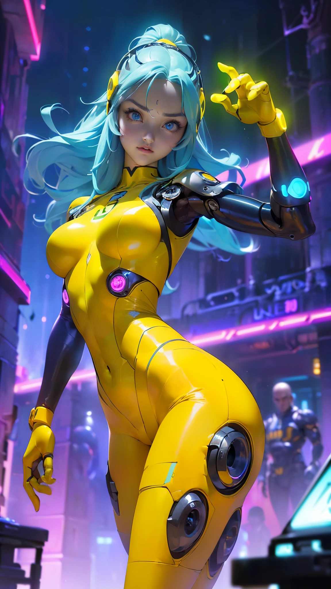 the highest quality))、((Obra maestra)、ciberpunk、big glutes、arrodillarse、Electronic visor attached to the face of a 12-year-old girl with emphasis on the buttocks、Red latex body,Moda cyberpunk、pose sexy、(Usar polainas amarillas en la parte inferior del cuerpo、Agrandamiento de los senos、Neon lights in the dark city at night,Motor irreal:1.4,HD,La Mejor calidad:1.4, fotorrealista:1.4, textura de la piel:1.4, Obra maestra:1.8,Obra maestra, Mejor calidad,（Hermosos ojos azules ）,( cyborg yellow neon),(Perfect anatomy),(convexo ,Dedos detallados),white cyborg latex bodysuit, (ciberpunk 2.1) ,*cabello largo azul:1.4) 